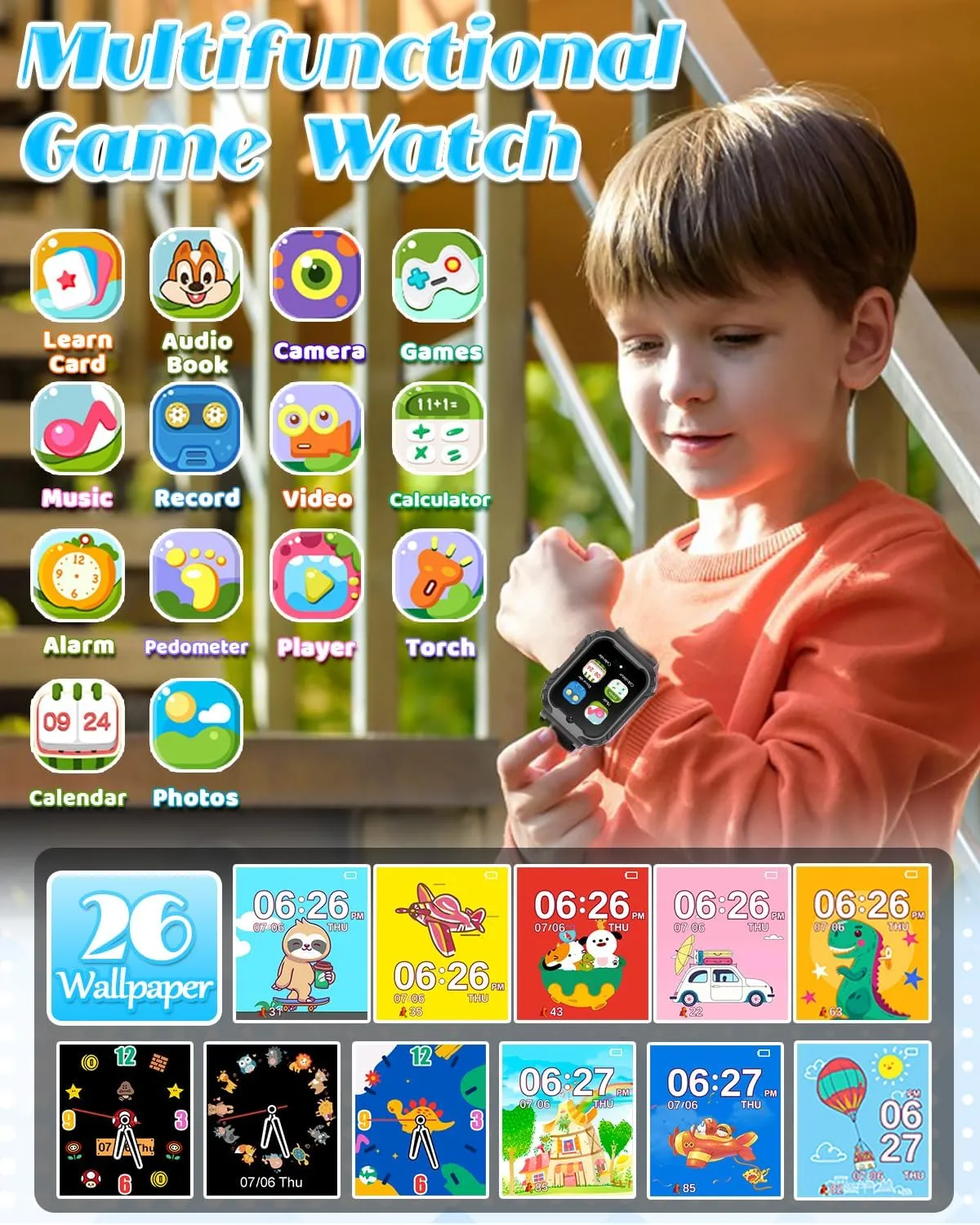 Kids Smart Watch for Boys Girls, Kids Watch with 32 Games Learning Cards Audiobook 3 Sport Modes Camera Music Player 1.5" Touchscreen Toddle 3 4 5 7 9 6 8 Year Old Birthday Gifts