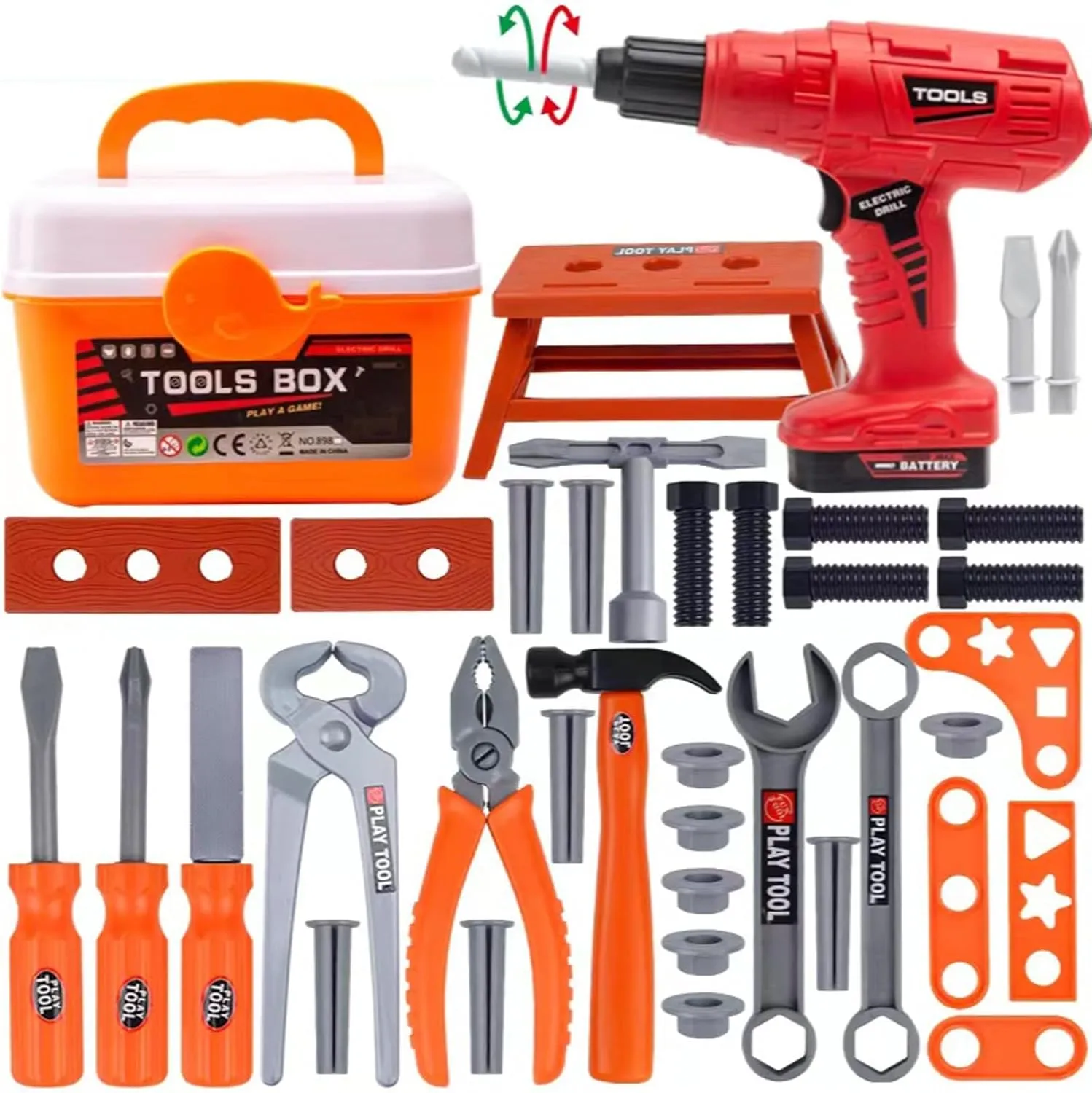 Kids Tool Play Set,Elaectric Screwdriver Toy with Box, 42pcs Toddler Electronic Toy Drill Kits, Pretend Play Construction Tools for Boy Girl Halloween Present Birthday Dress Up Party