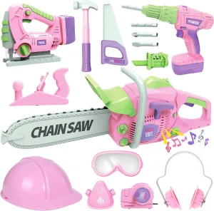 Kids Tool Set for Girls - Toddler Tool Set with Toy Chainsaw, Electric Toy Drill, Pretend Play Construction Tools Toy Gifts for Kids Aged 3 4 5 6 7 Pink