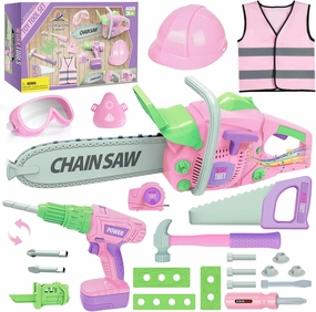 Kids Tool Set, Kids Toy Tools with Toy Chainsaw & Toy Drill, Kids Tool Toy Make Sound Effects, Pretend Play Construction Toddler Tool Toy for Age 3  Year, Tool Set for Kids Boy Girl Gifts(Pink Color)
