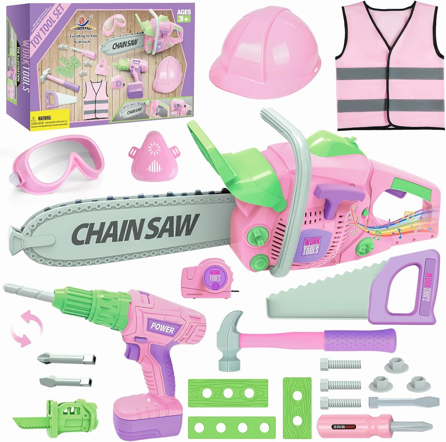 Kids Tool Set, Kids Toy Tools with Toy Chainsaw & Toy Drill, Kids Tool Toy Make Sound Effects, Pretend Play Construction Toddler Tool Toy for Age 3  Year, Tool Set for Kids Boy Girl Gifts(Pink Color)