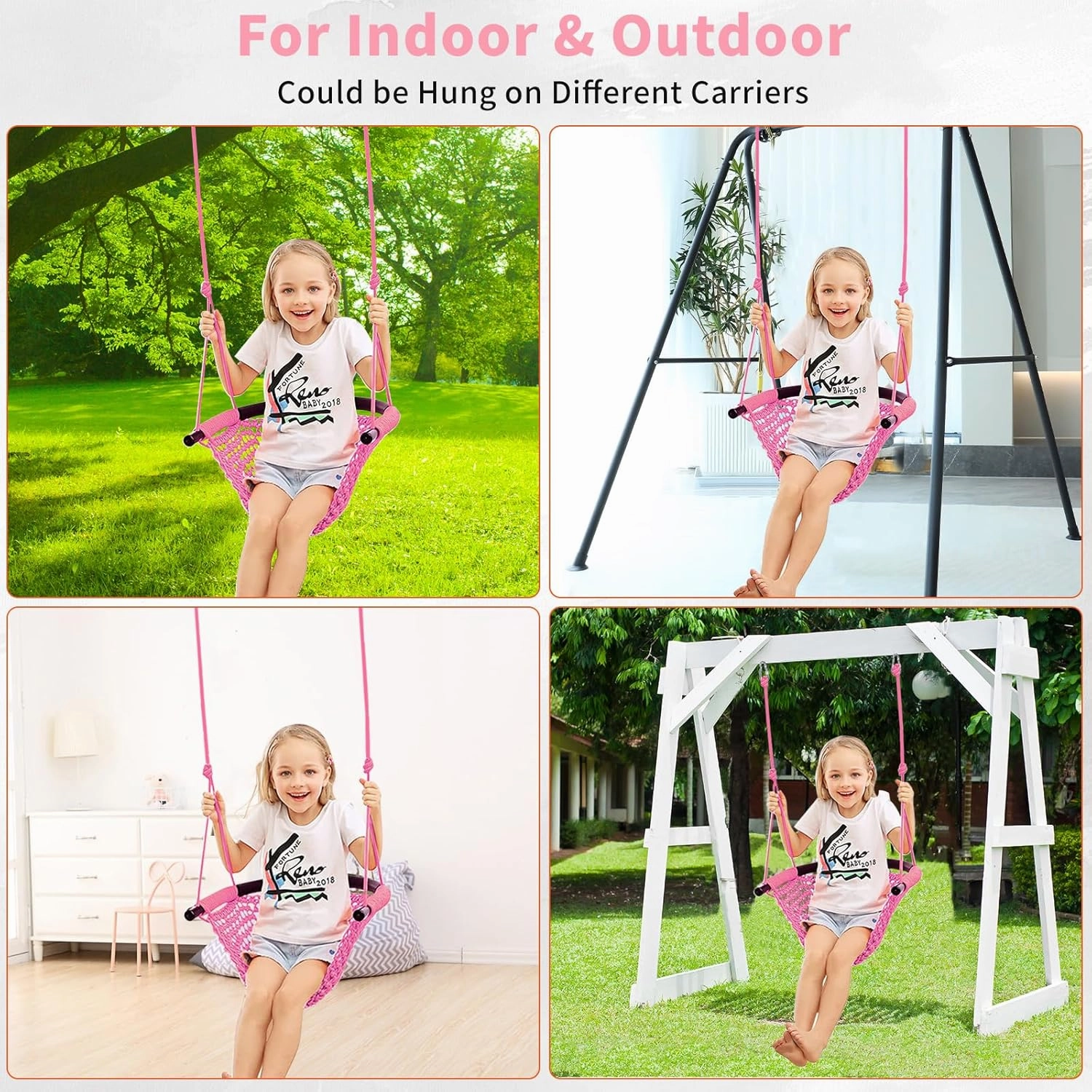 Kids Tree Swing Seat for Kids Rope Swing Seat, Indoor Swing for Kids Outdoor, Backyard Swing Tree Swing Seat Door Swing (Pink)