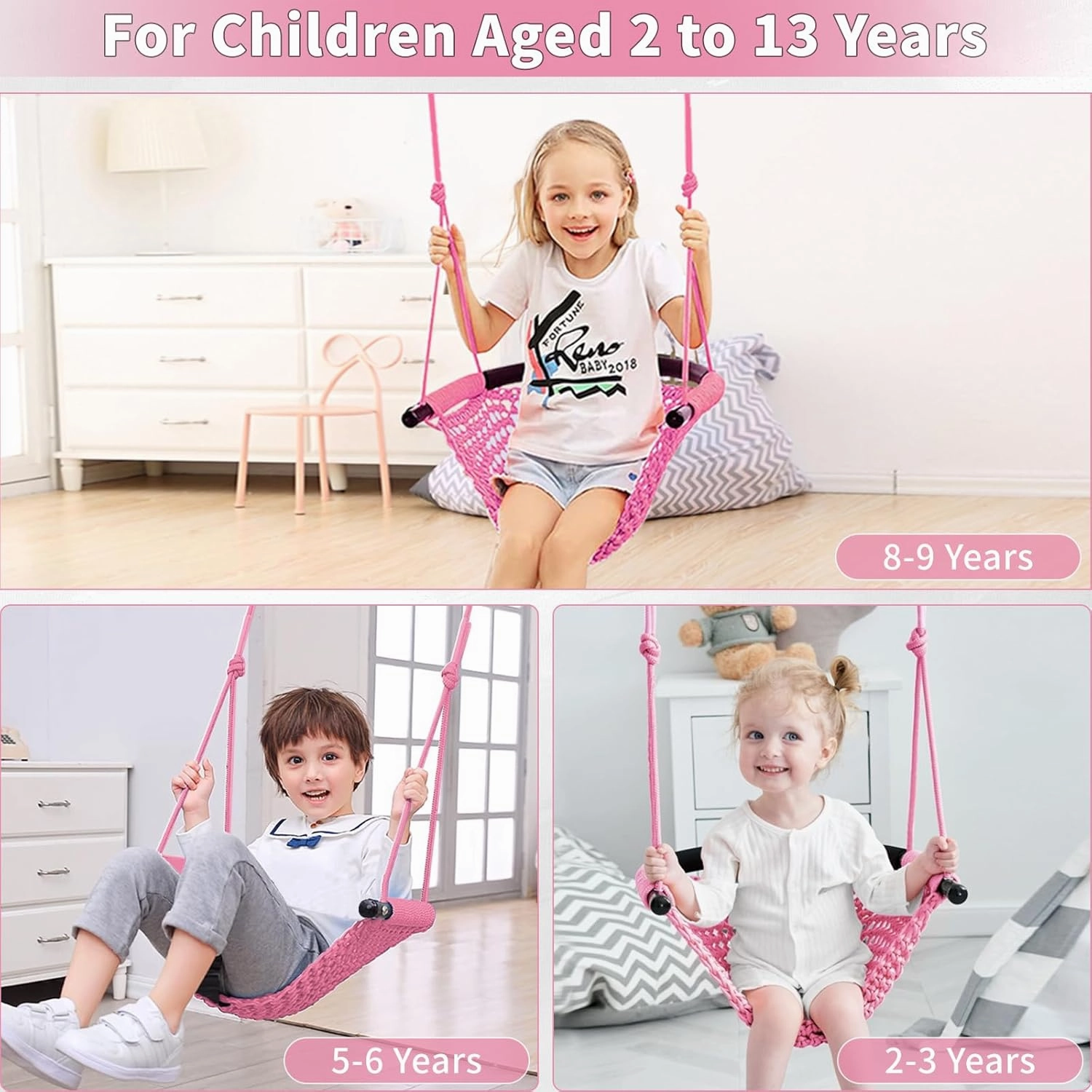 Kids Tree Swing Seat for Kids Rope Swing Seat, Indoor Swing for Kids Outdoor, Backyard Swing Tree Swing Seat Door Swing (Pink)