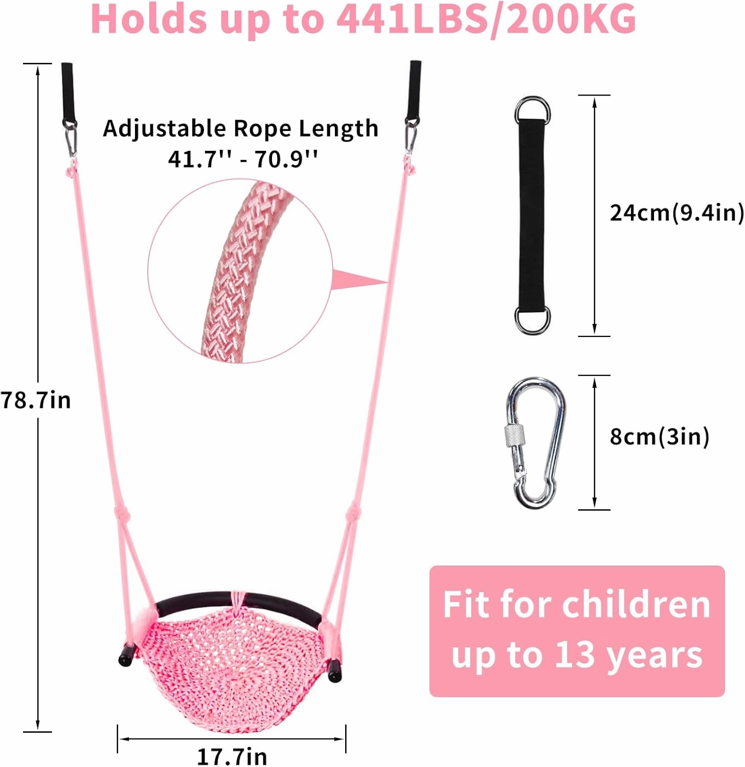 Kids Tree Swing Seat for Kids Rope Swing Seat, Indoor Swing for Kids Outdoor, Backyard Swing Tree Swing Seat Door Swing (Pink)