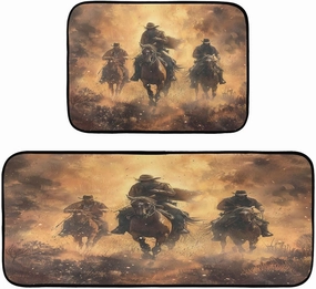 Kigai Western Desert Horseback Riding Kitchen Rugs Waterproof Non Slip Kitchen Carpet Kitchen Floor Set for Sinks Offices Kitchens Cafes-2PCS