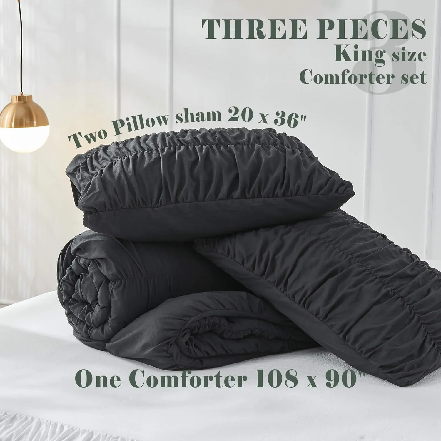 King Size Comforter Set Boho Shabby Chic Bedding for Bedroom - Fluffy 3 Piece Ruched Comforter Set with White Pillow - Soft, Luxury