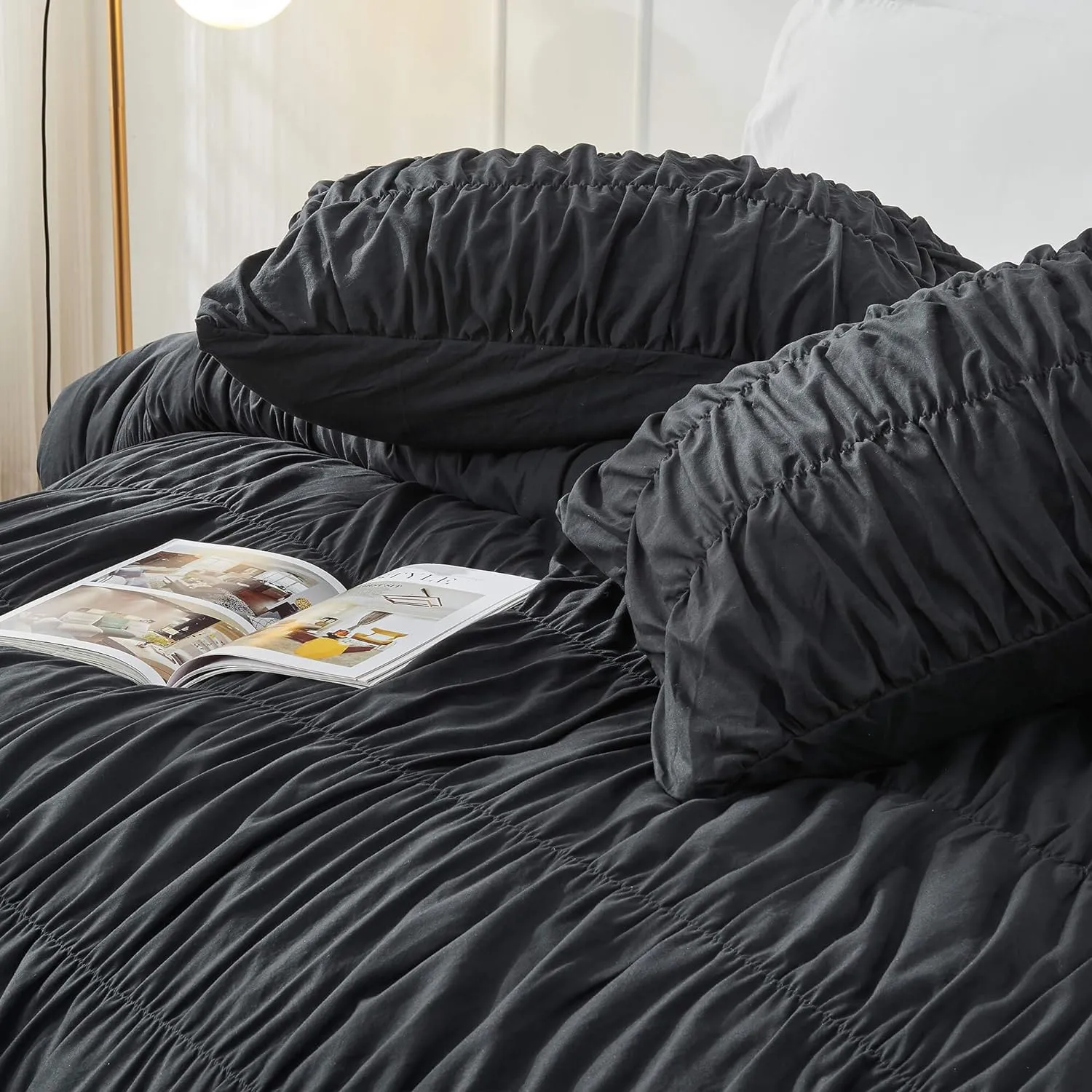 King Size Comforter Set Boho Shabby Chic Bedding for Bedroom - Fluffy 3 Piece Ruched Comforter Set with White Pillow - Soft, Luxury