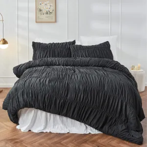 King Size Comforter Set Boho Shabby Chic Bedding for Bedroom - Fluffy 3 Piece Ruched Comforter Set with White Pillow - Soft, Luxury