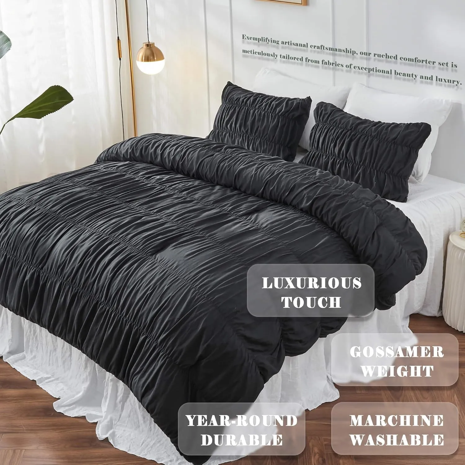 King Size Comforter Set Boho Shabby Chic Bedding for Bedroom - Fluffy 3 Piece Ruched Comforter Set with White Pillow - Soft, Luxury