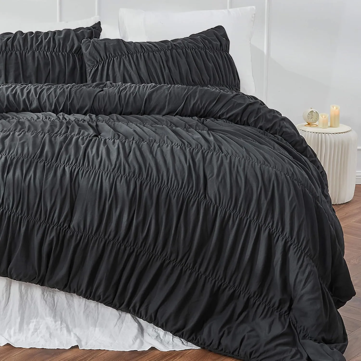 King Size Comforter Set Boho Shabby Chic Bedding for Bedroom - Fluffy 3 Piece Ruched Comforter Set with White Pillow - Soft, Luxury