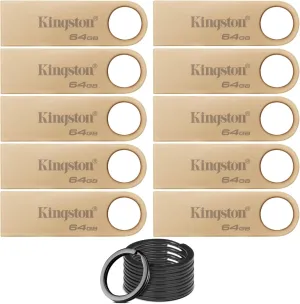 Kingston DataTraveler SE9 G3 USB 3.2 Gen 1 Flash Drive with 220MBPS Read Speed (10-Pack) Bundle with Stainless Steel Keyring Set (11 Items)