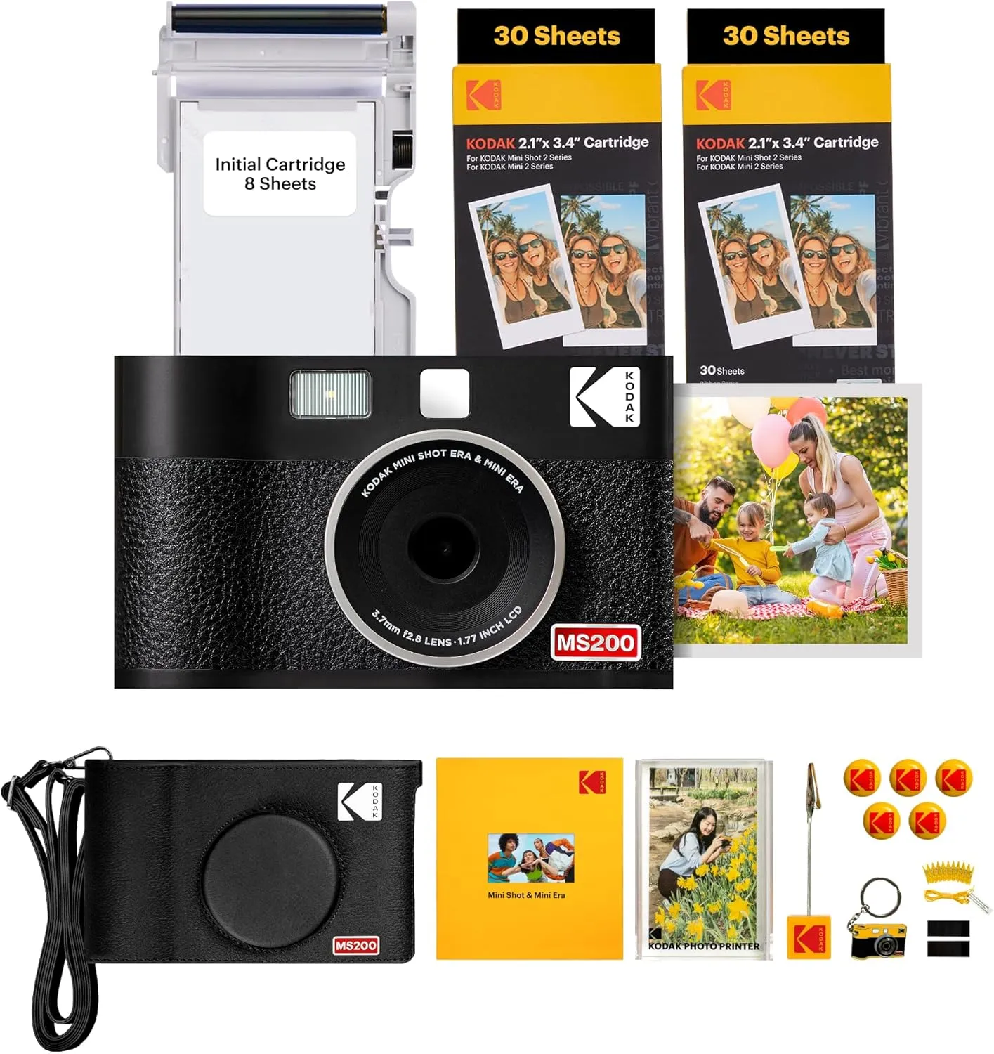KODAK Mini Shot 2 ERA 4PASS 2-in-1 Instant Camera and Photo Printer (Black, Camera   Initial 8 Sheets   60 Sheets   Accessories)