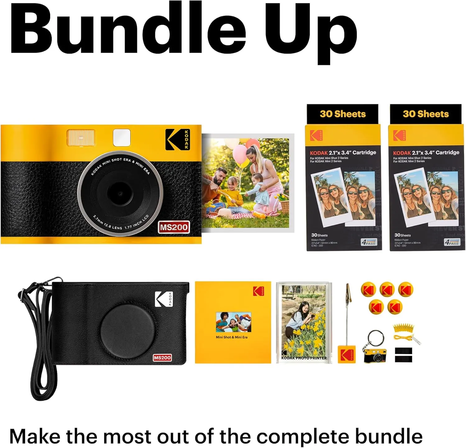 KODAK Mini Shot 2 ERA 4PASS 2-in-1 Instant Camera and Photo Printer (Black, Camera   Initial 8 Sheets   60 Sheets   Accessories)