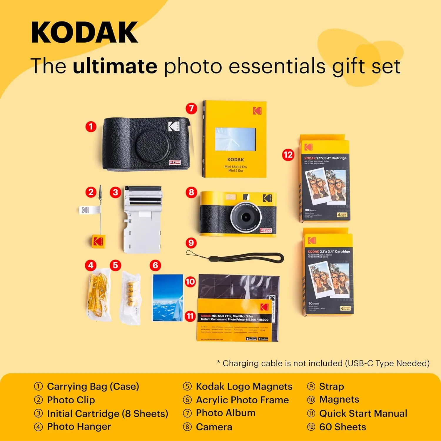 KODAK Mini Shot 2 ERA 4PASS 2-in-1 Instant Camera and Photo Printer (Black, Camera   Initial 8 Sheets   60 Sheets   Accessories)