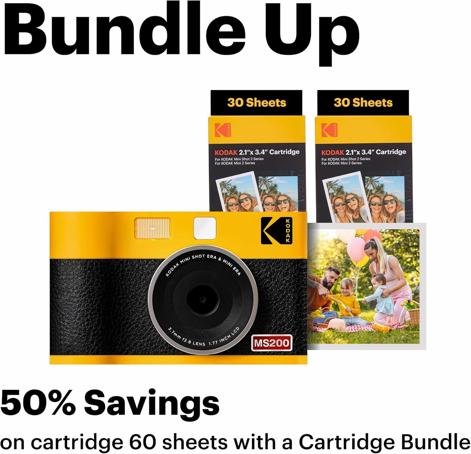 KODAK Mini Shot 2 ERA 4PASS 2-in-1 Instant Camera and Photo Printer (Yellow, Camera   8 Sheets)