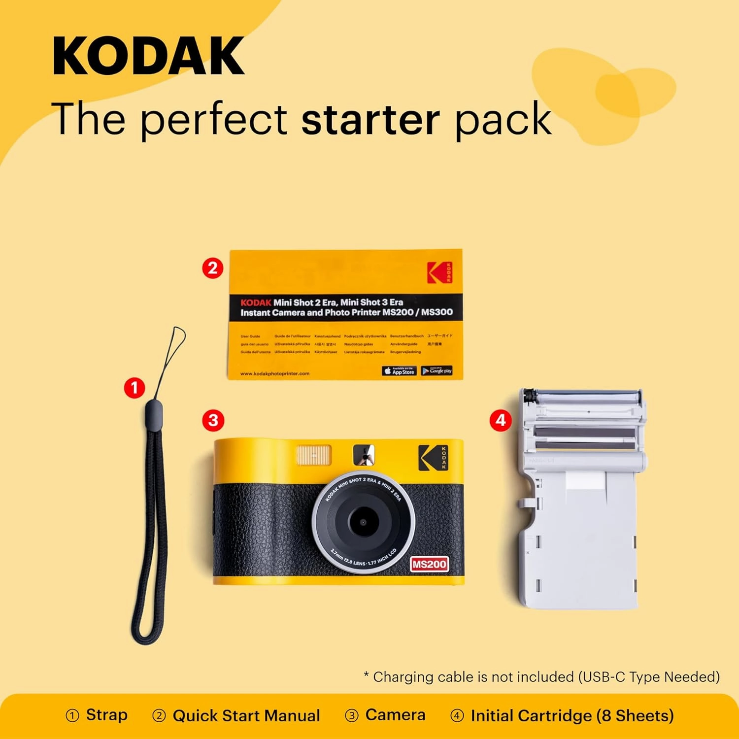 KODAK Mini Shot 2 ERA 4PASS 2-in-1 Instant Camera and Photo Printer (Yellow, Camera   8 Sheets)