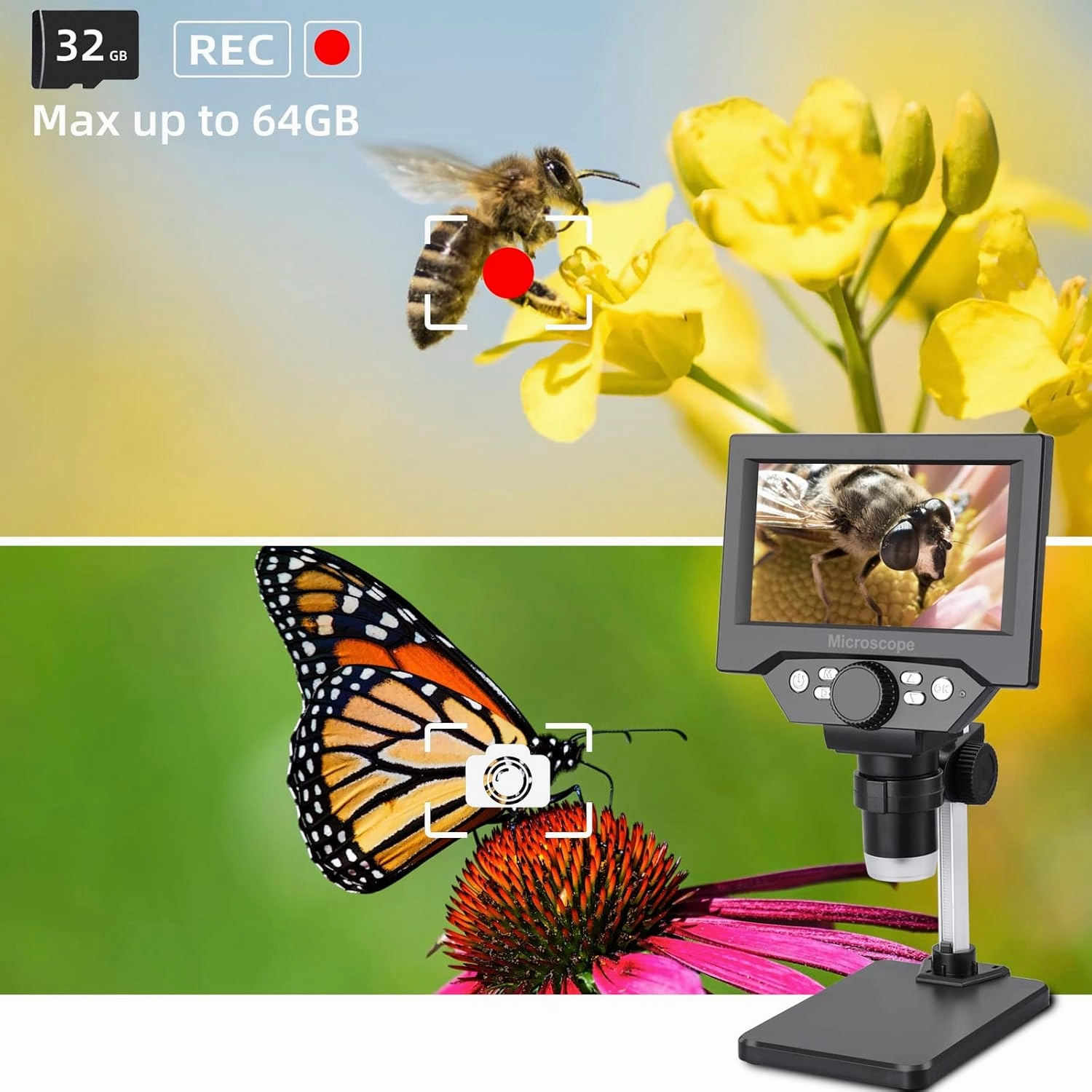 Koolertron 5.5 inch LCD Digital Microscope, 8MP 1-1000X Magnification, 8 LED Lights, Rechargeable Battery, Video Recording for Circuit Board Repair, PCB Inspection, Coin, and More