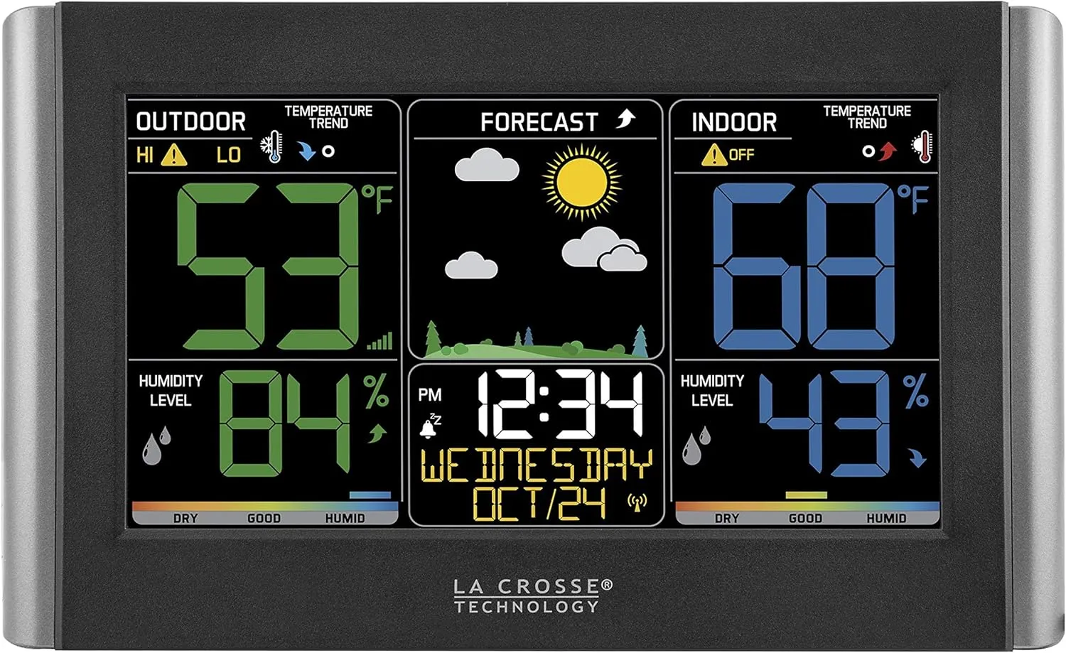 La Crosse Technology Weather Station with Customizable Alerts, Weather Forecast, Temperature, Dew Point, Humidity, Time, Heat Index, Large Display, Adjustable Brightness, Wireless, Black, C85845-INT