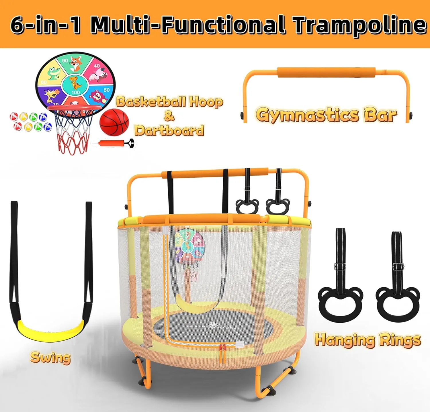 LANGXUN 60" Trampoline for Kids, 5ft Mini Toddler Indoor & Outdoor Trampoline with Net, Basketball Hoop & Dart Board, Birthday Gifts for Boys & Girls, Baby Toddler Christmas Toys