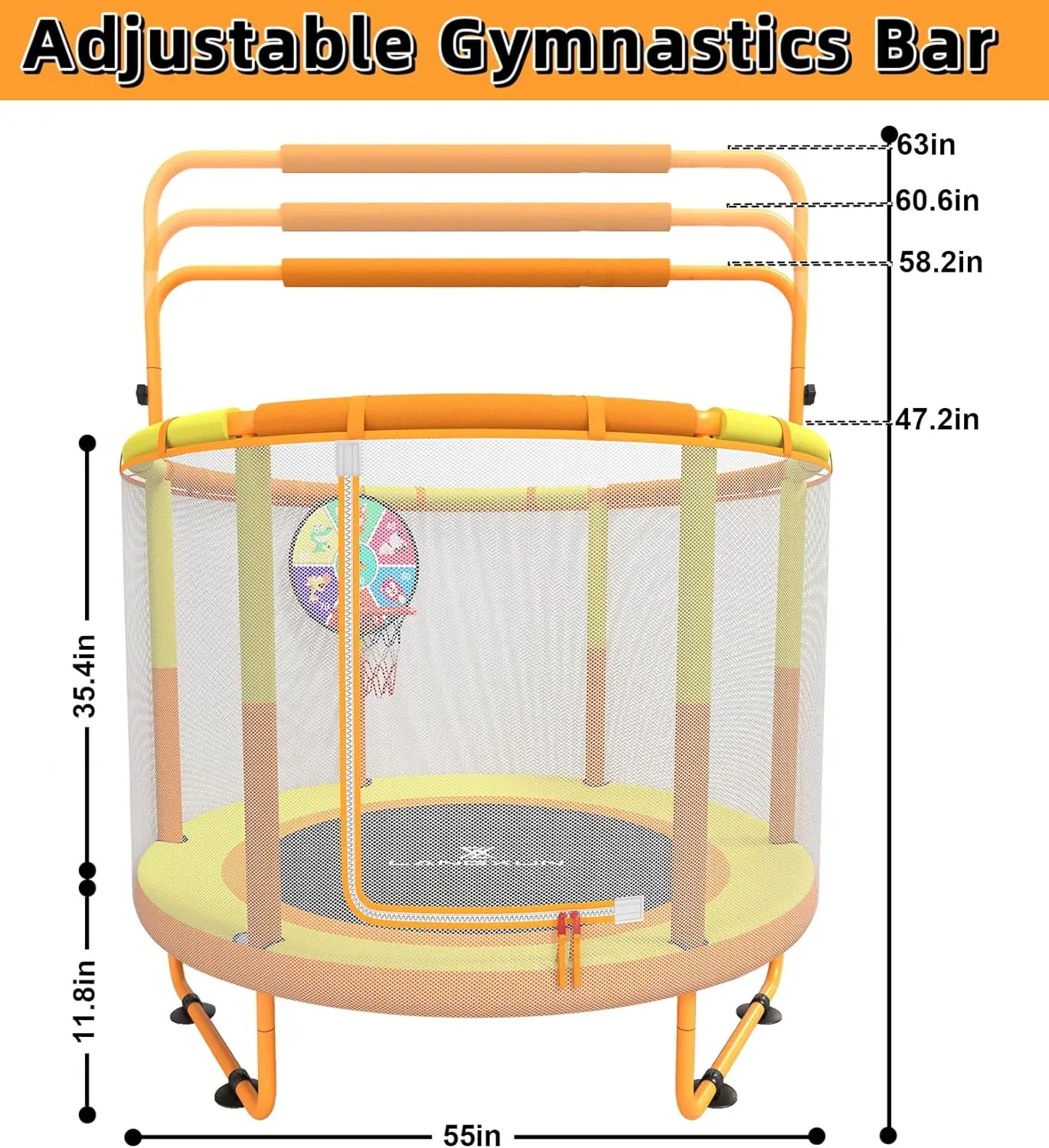 LANGXUN 60" Trampoline for Kids, 5ft Mini Toddler Indoor & Outdoor Trampoline with Net, Basketball Hoop & Dart Board, Birthday Gifts for Boys & Girls, Baby Toddler Christmas Toys