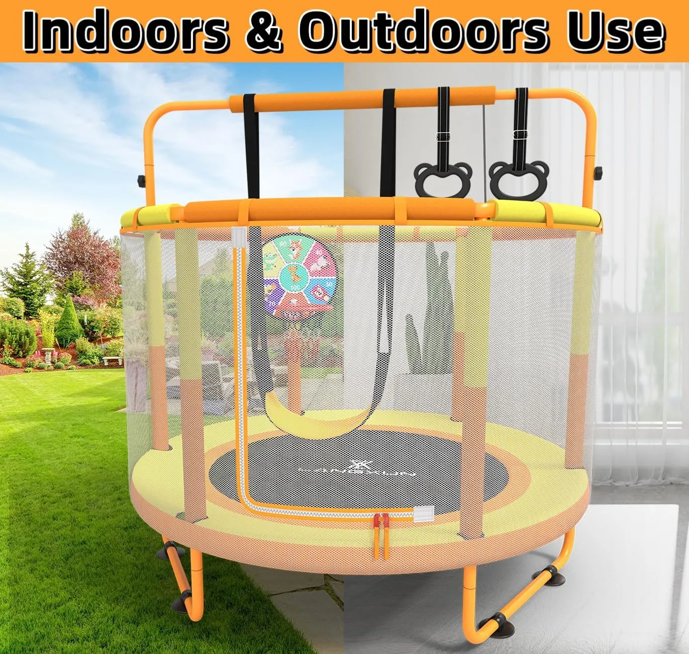 LANGXUN 60" Trampoline for Kids, 5ft Mini Toddler Indoor & Outdoor Trampoline with Net, Basketball Hoop & Dart Board, Birthday Gifts for Boys & Girls, Baby Toddler Christmas Toys