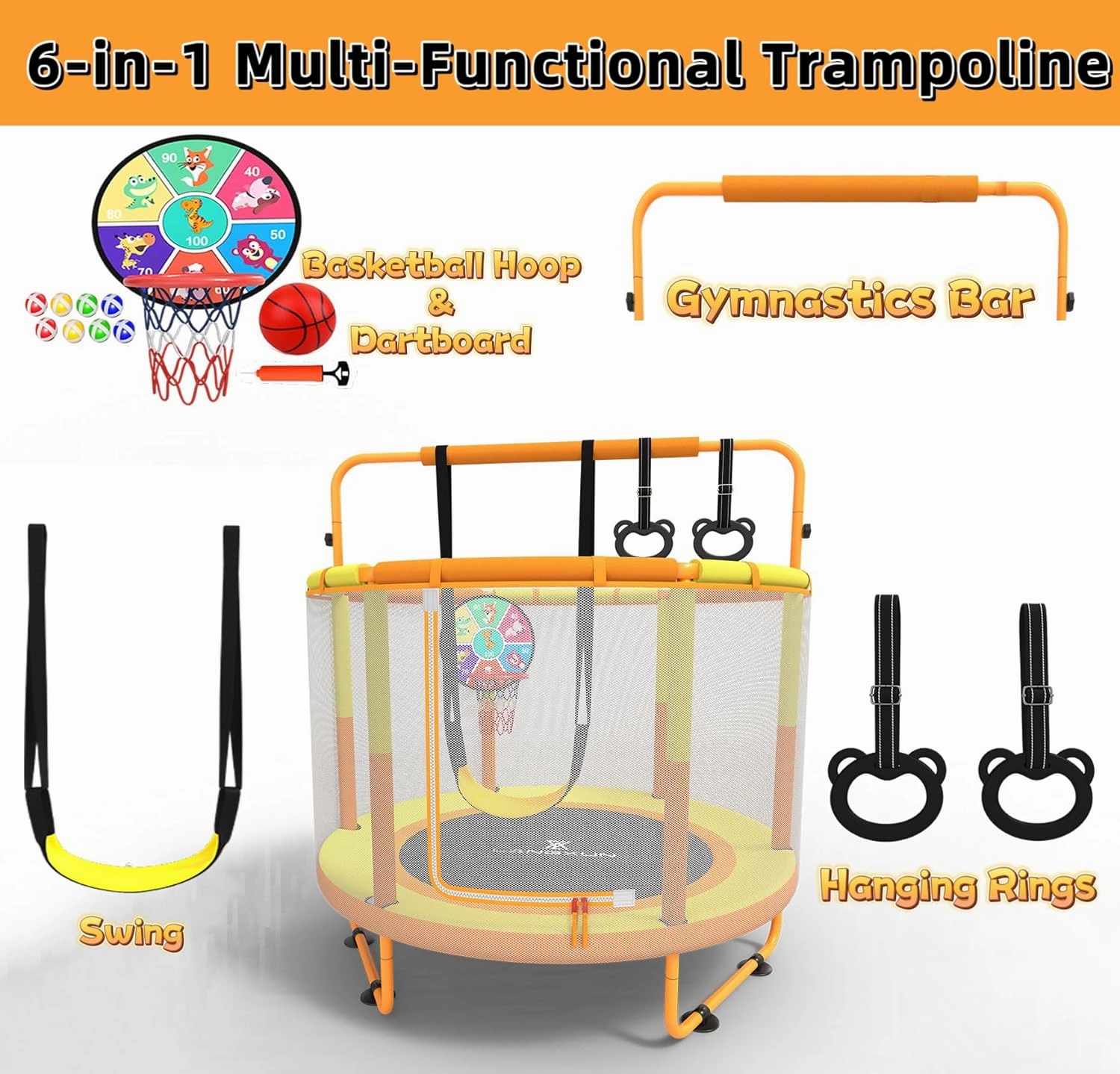 LANGXUN 60" Trampoline for Kids, 5ft Mini Toddler Indoor & Outdoor Trampoline with Net, Basketball Hoop & Dart Board, Birthday Gifts for Boys & Girls, Baby Toddler Christmas Toys