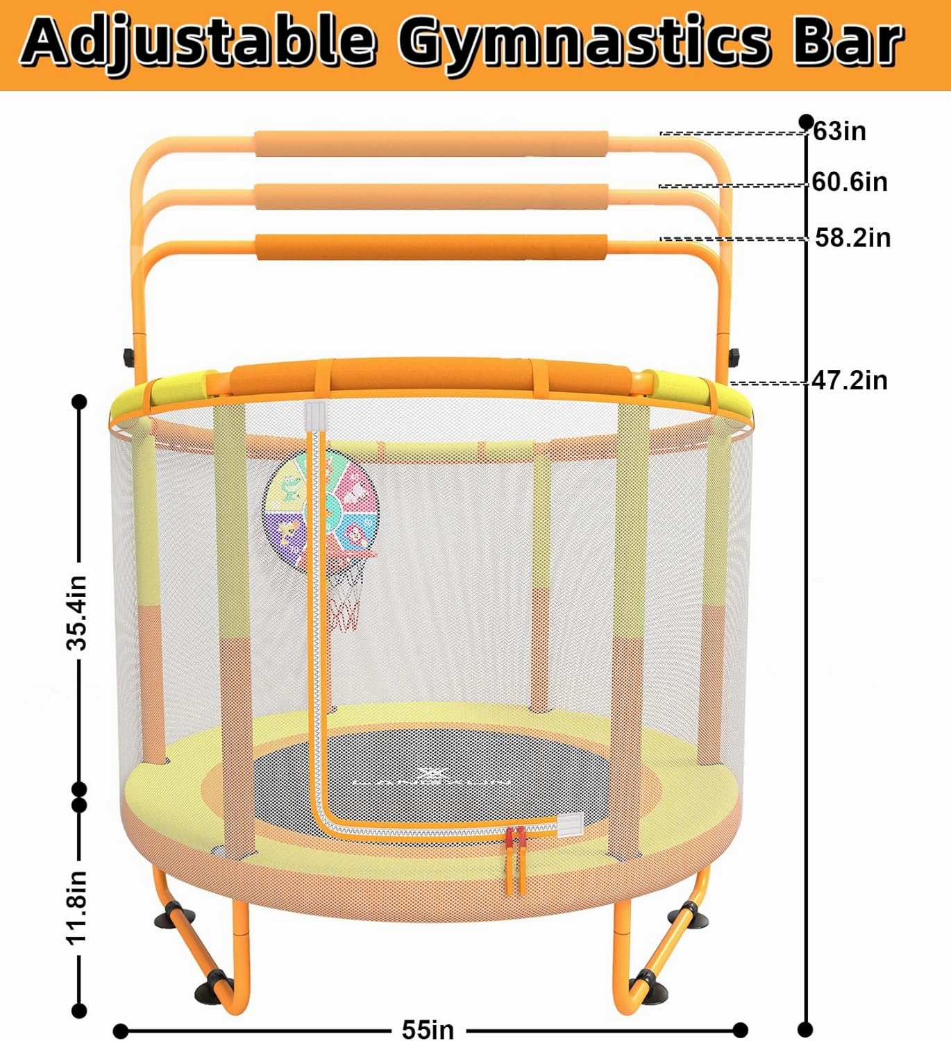 LANGXUN 60" Trampoline for Kids, 5ft Mini Toddler Indoor & Outdoor Trampoline with Net, Basketball Hoop & Dart Board, Birthday Gifts for Boys & Girls, Baby Toddler Christmas Toys