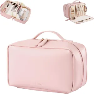 Large Capacity Travel Makeup Bag with Brush Holders and Separate Jewelry Storage, Waterproof PU Leather Toiletry Bag Gift for Women Girls, Portable Open Flat Cosmetic Organizer (Pink)