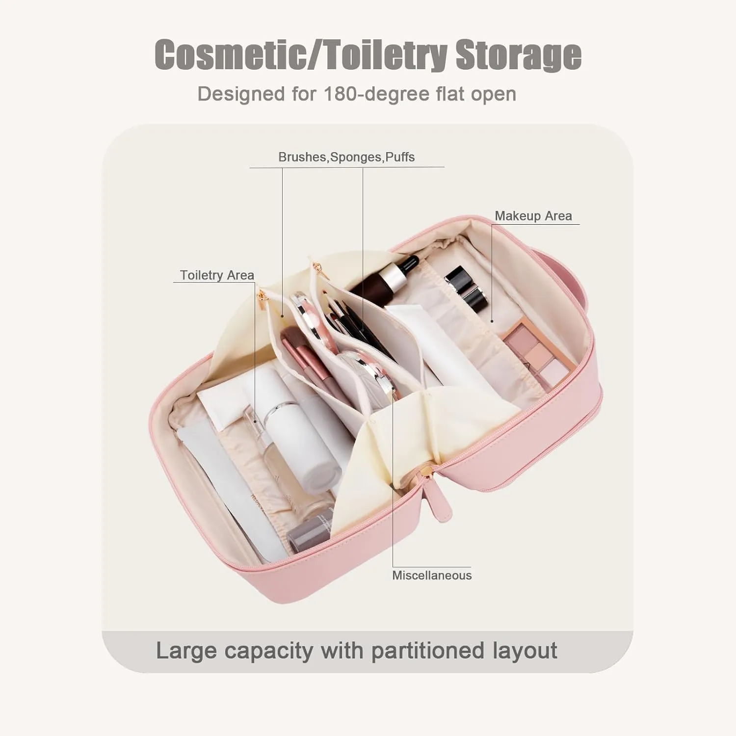 Large Capacity Travel Makeup Bag with Brush Holders and Separate Jewelry Storage, Waterproof PU Leather Toiletry Bag Gift for Women Girls, Portable Open Flat Cosmetic Organizer (Pink)