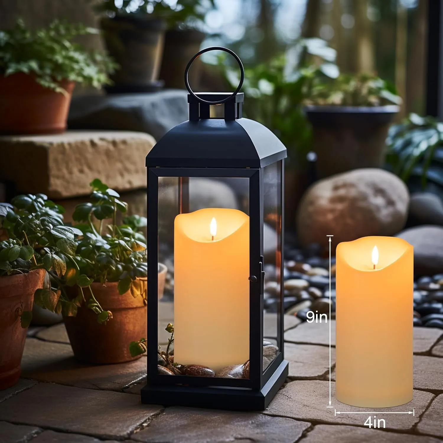 Large Flickering Flameless Candles with Remote, 4"x 9"Battery Operated Candles with Timer, Ivory Fake LED Pillar Candles for Outdoor Lanterns Porch, Set of 2