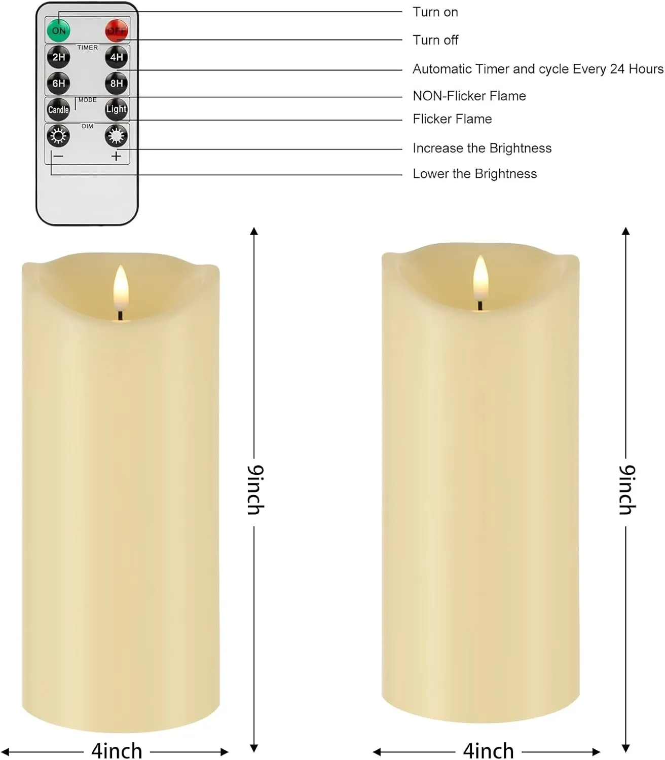 Large Flickering Flameless Candles with Remote, 4"x 9"Battery Operated Candles with Timer, Ivory Fake LED Pillar Candles for Outdoor Lanterns Porch, Set of 2