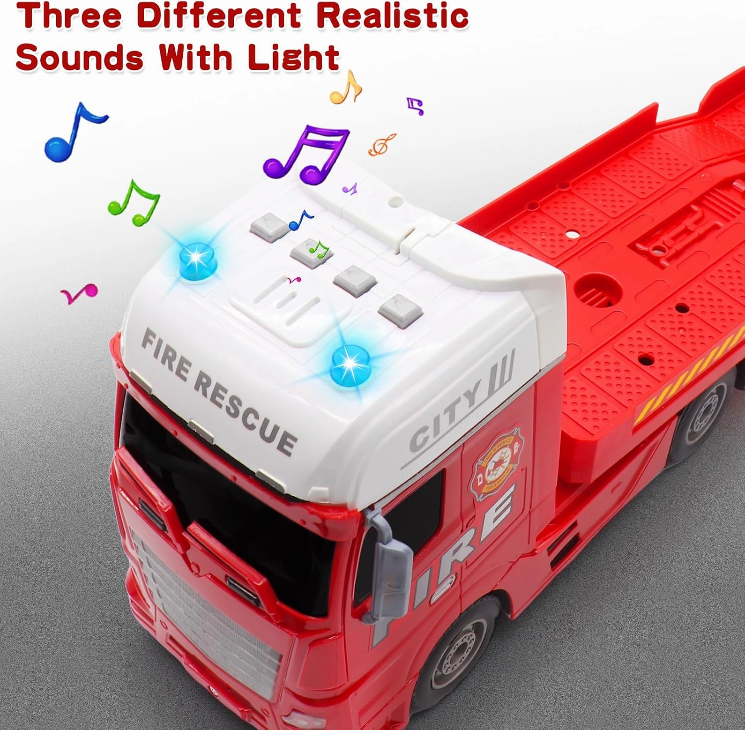 Large Flatbed Semi Truck Toy for Kids, 25.6’’ Big Fire Truck Toy with Flatbed Trailer, Helicopter and Fire Police Car, Friction Powered City Rescue Fire Truck with Light & Sound
