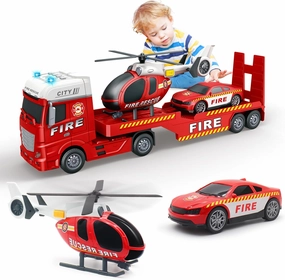 Large Flatbed Semi Truck Toy for Kids, 25.6’’ Big Fire Truck Toy with Flatbed Trailer, Helicopter and Fire Police Car, Friction Powered City Rescue Fire Truck with Light & Sound