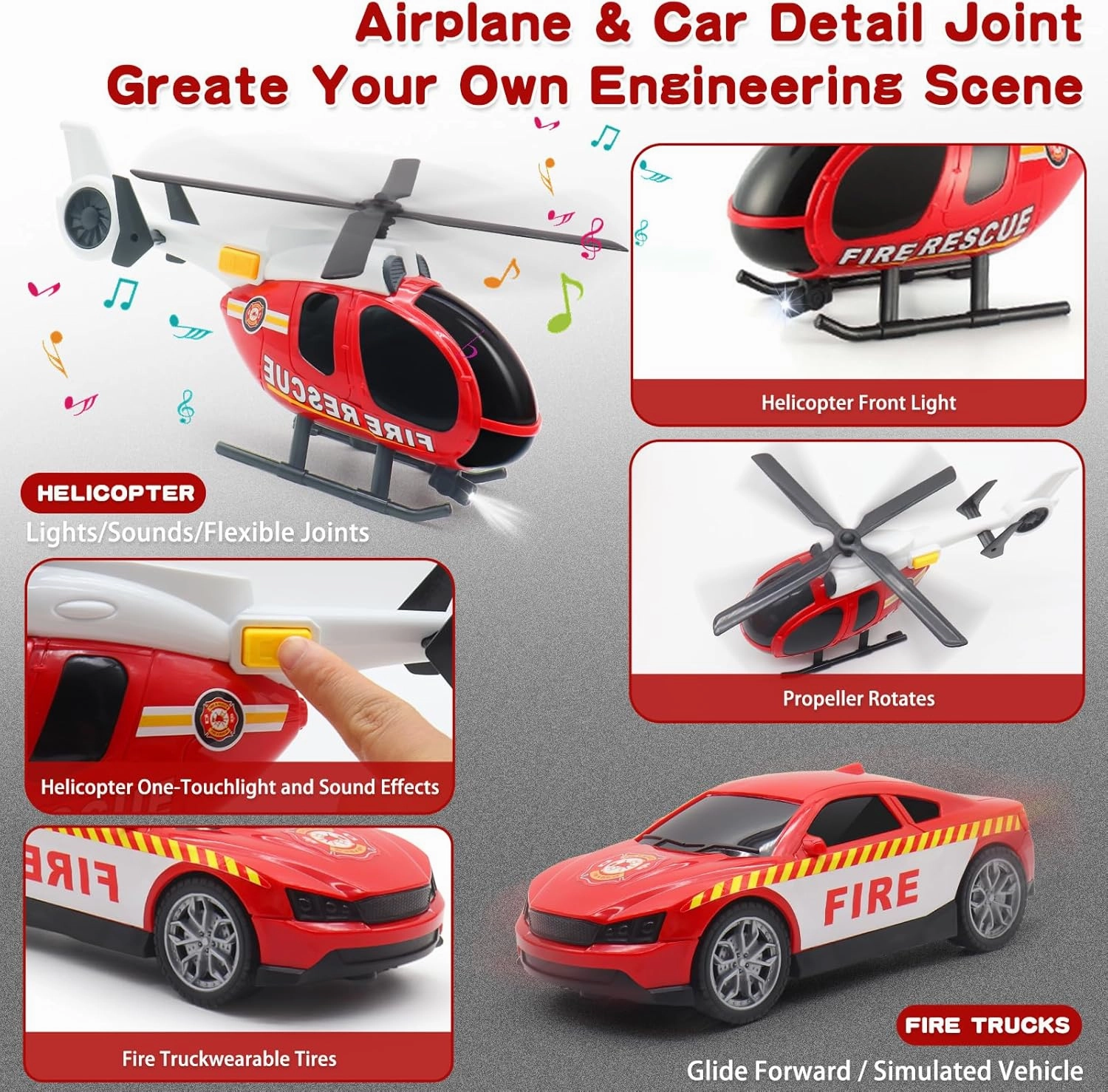 Large Flatbed Semi Truck Toy for Kids, 25.6’’ Big Fire Truck Toy with Flatbed Trailer, Helicopter and Fire Police Car, Friction Powered City Rescue Fire Truck with Light & Sound