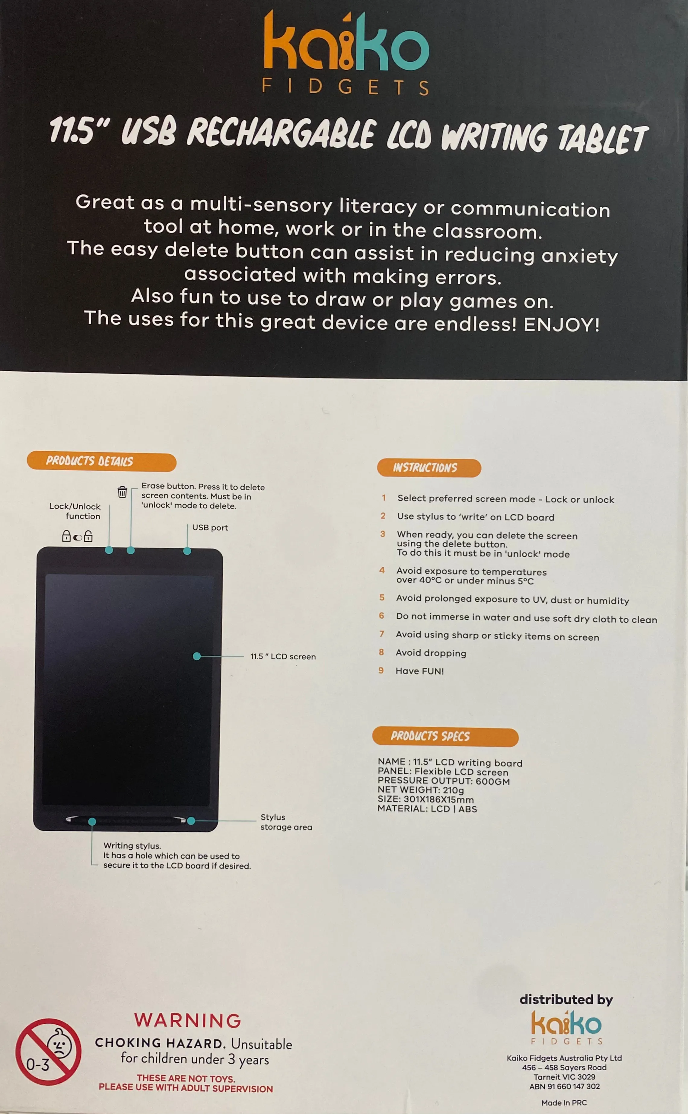 LCD Writing Tablet 11.5" - USB Rechargeable
