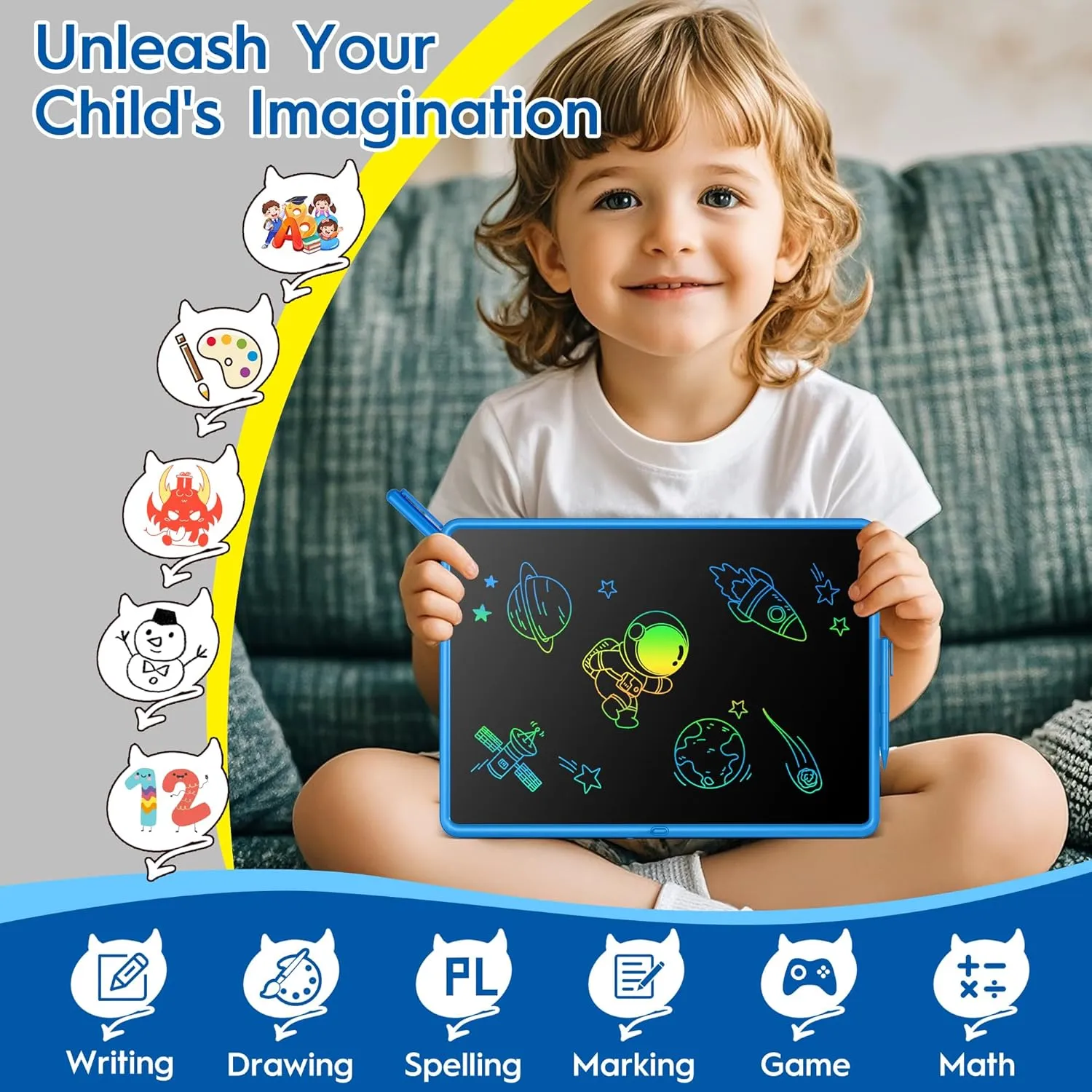 LCD Writing Tablet - 15 Inch Large Doodle Board, Rechargeable Drawing Pad for Kids & Teens, Learning Toys for 3-10  Year Old Boys & Girls, Birthday & Christmas Gifts, Blue Travel Toys