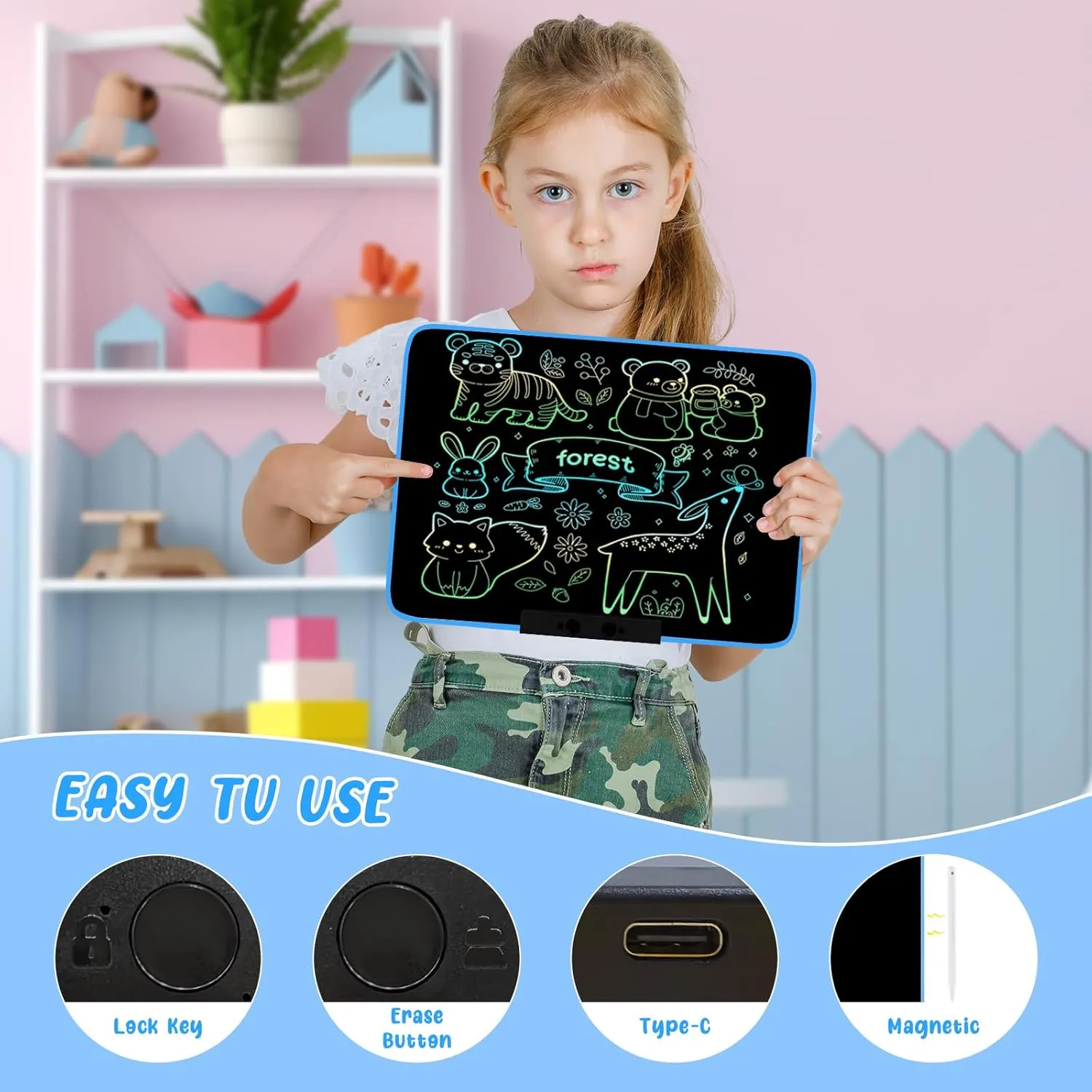 LCD Writing Tablet for Kids 13Inch Doodle Board Drawing Tablet Writing Pads, Type-C Charging, Educational Learning Toddler Toys 3 4 5 6 7 8 9 Years Boy and Girls Blue