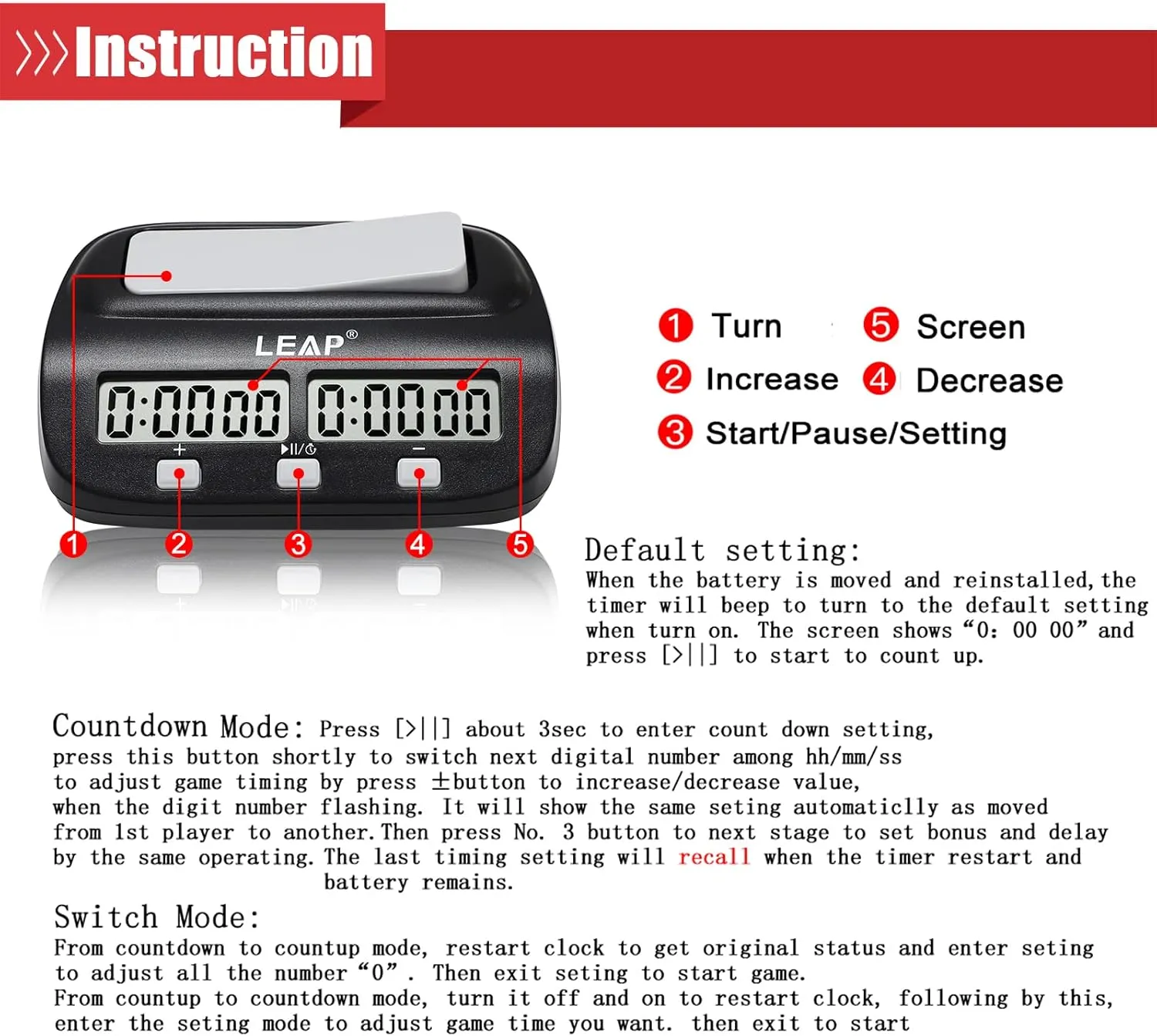 LEAP Chess Clock Digital Chess Timer Professional for Board Games Timer with Alarm Function Black (Official Store)