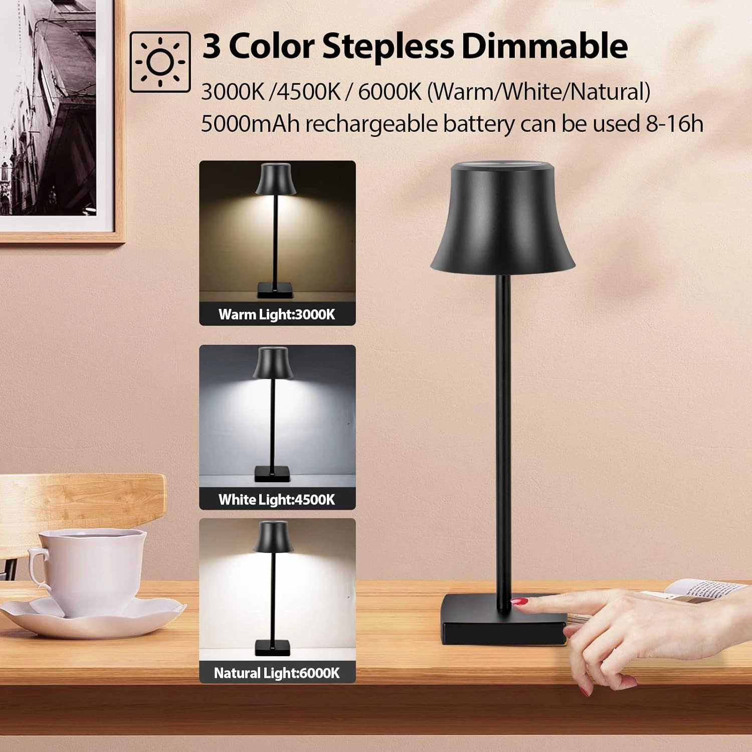 LED Desk Lamp Cordless Table Light, Rechargeable Battery Powered 3 Levels Brightness Dimmable for Portable Outdoor Restaurant Dinin Lights Set of 2 Pack Black