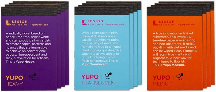 Legion Mini Pad 2.5 x 3.75 Inch, Waterproof and Stain-Resistant Sampler Set of 12 Yupo Artist Pads Containing 4 Pads Each of Yupo Medium, Yupo Heavy, and Yupo Translucent