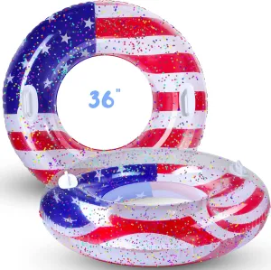 Leitee 2 Pcs Patriotic Inflatable Pool Float Tube with Handles USA Flag Inflatable Pool Float with Confetti Design Swimming Ring Float Summer Floaties for Adults Kid Beach Party (36 inch)