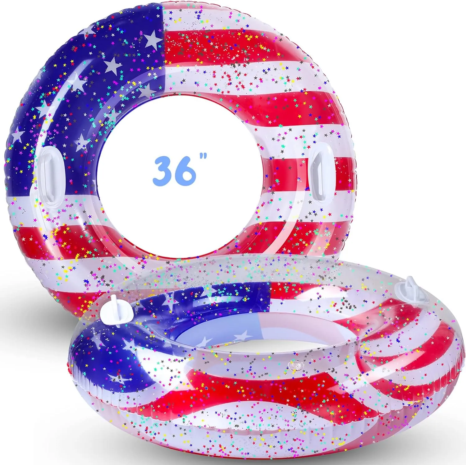 Leitee 2 Pcs Patriotic Inflatable Pool Float Tube with Handles USA Flag Inflatable Pool Float with Confetti Design Swimming Ring Float Summer Floaties for Adults Kid Beach Party (36 inch)