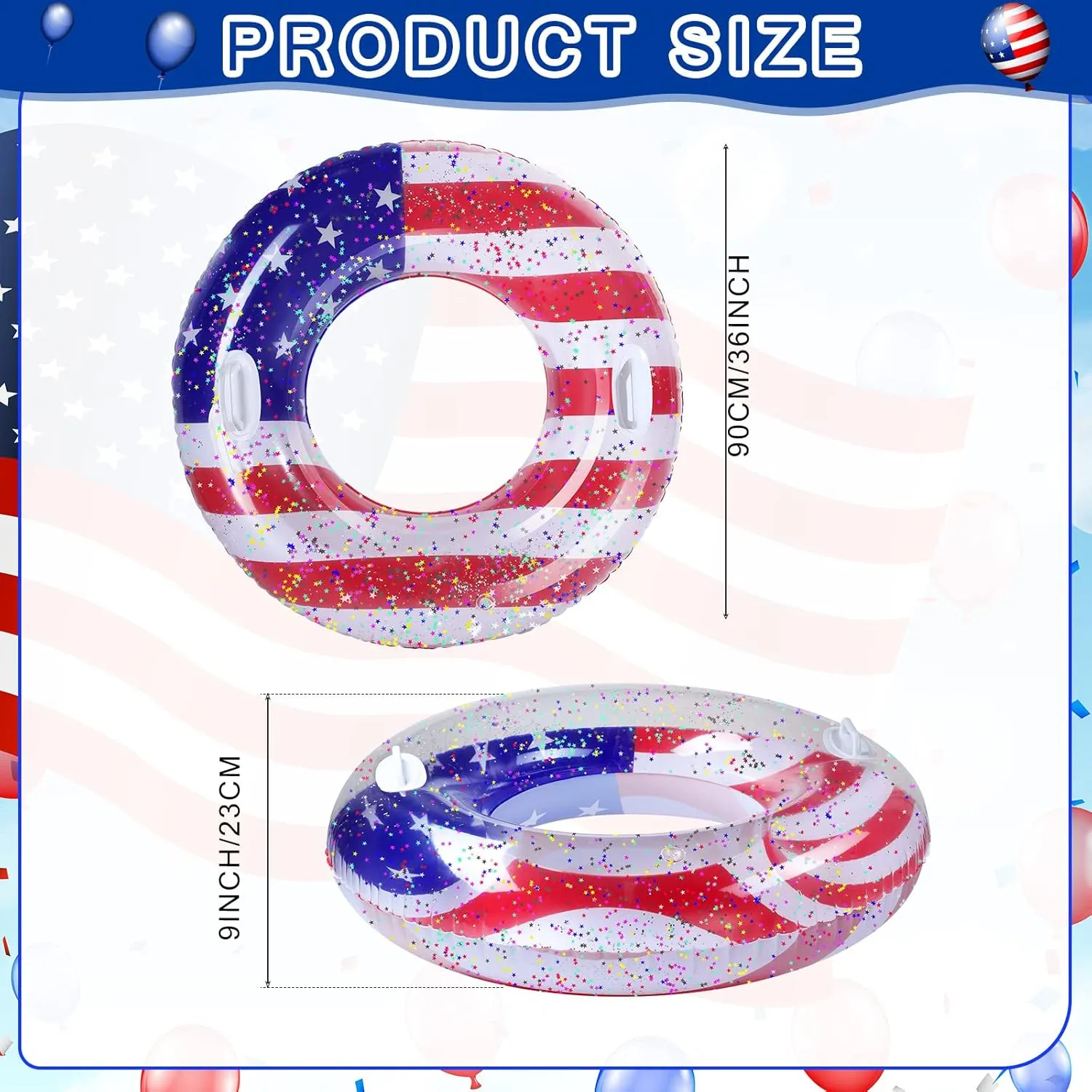 Leitee 2 Pcs Patriotic Inflatable Pool Float Tube with Handles USA Flag Inflatable Pool Float with Confetti Design Swimming Ring Float Summer Floaties for Adults Kid Beach Party (36 inch)
