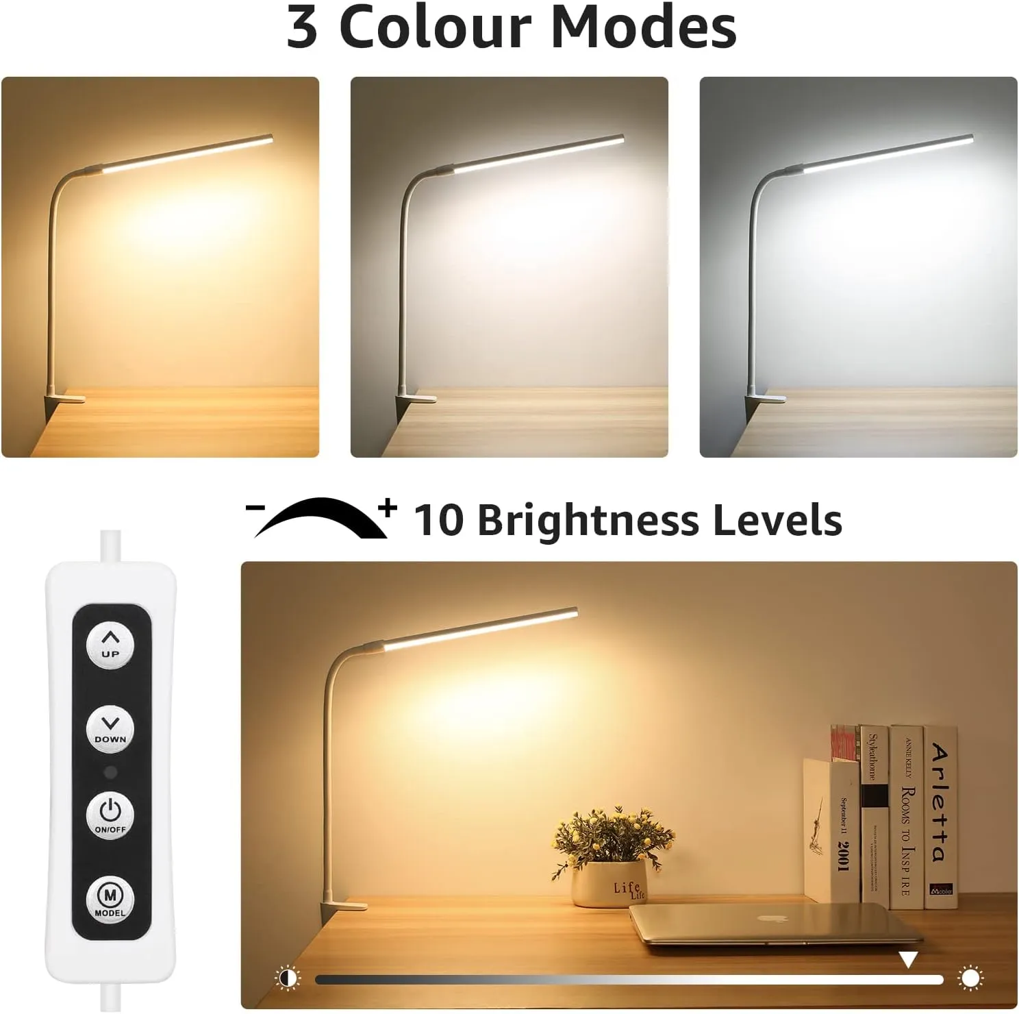 Lepro Small Desk Lamp with Clamp, LED Reading Lamp with 3 Color Modes 10 Brightness, Dimmable USB Clip on desk light with Gooseneck Swing Arm for Bed Headboard, Workbench, Home Office and Nail (White)