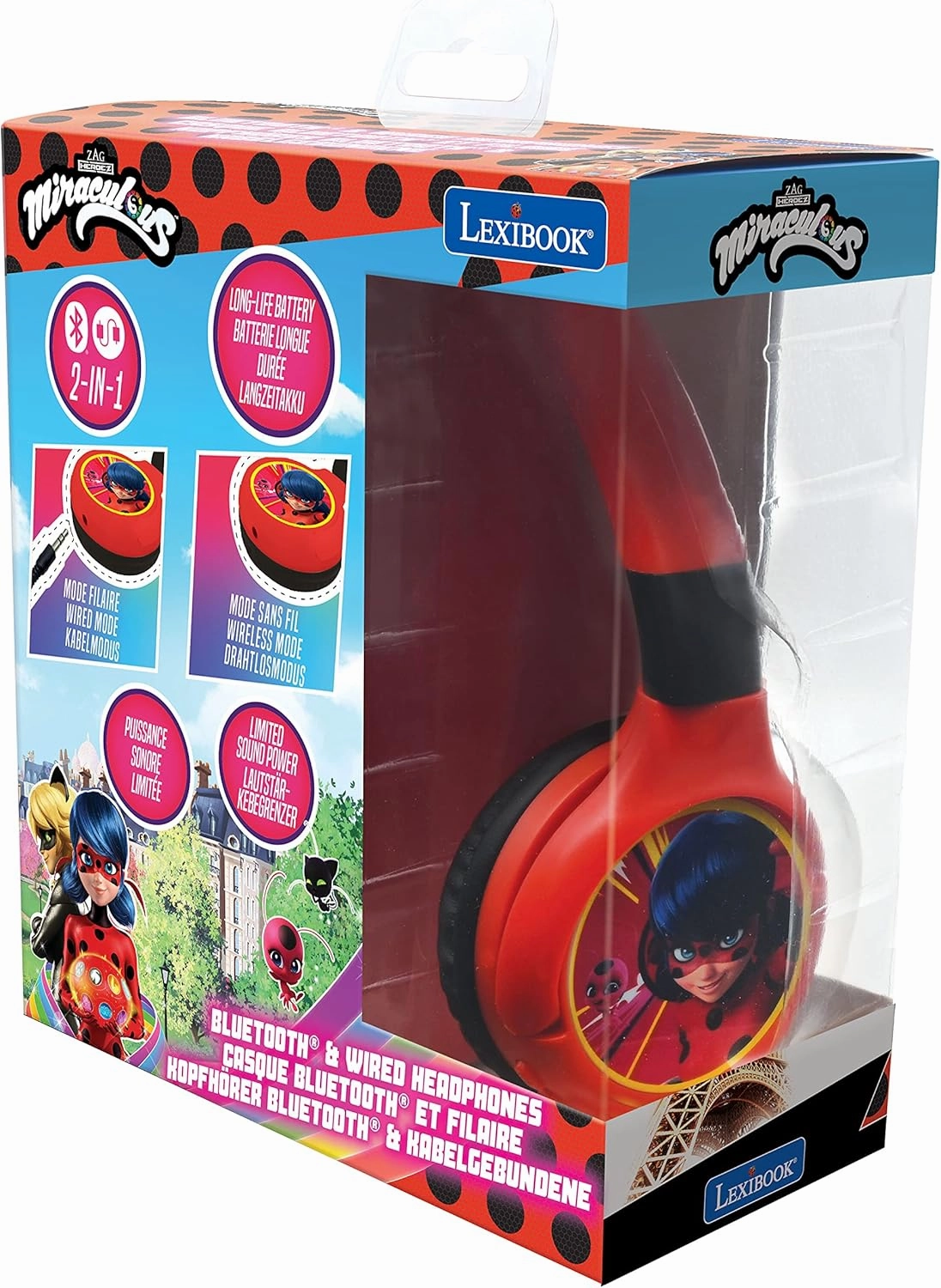 Lexibook, Miraculous Ladybug Cat Noir, 2-in-1 Bluetooth Headphones for Kids - Stereo Wireless Wired, Kids Safe, Foldable, Adjustable, HPBT010MI