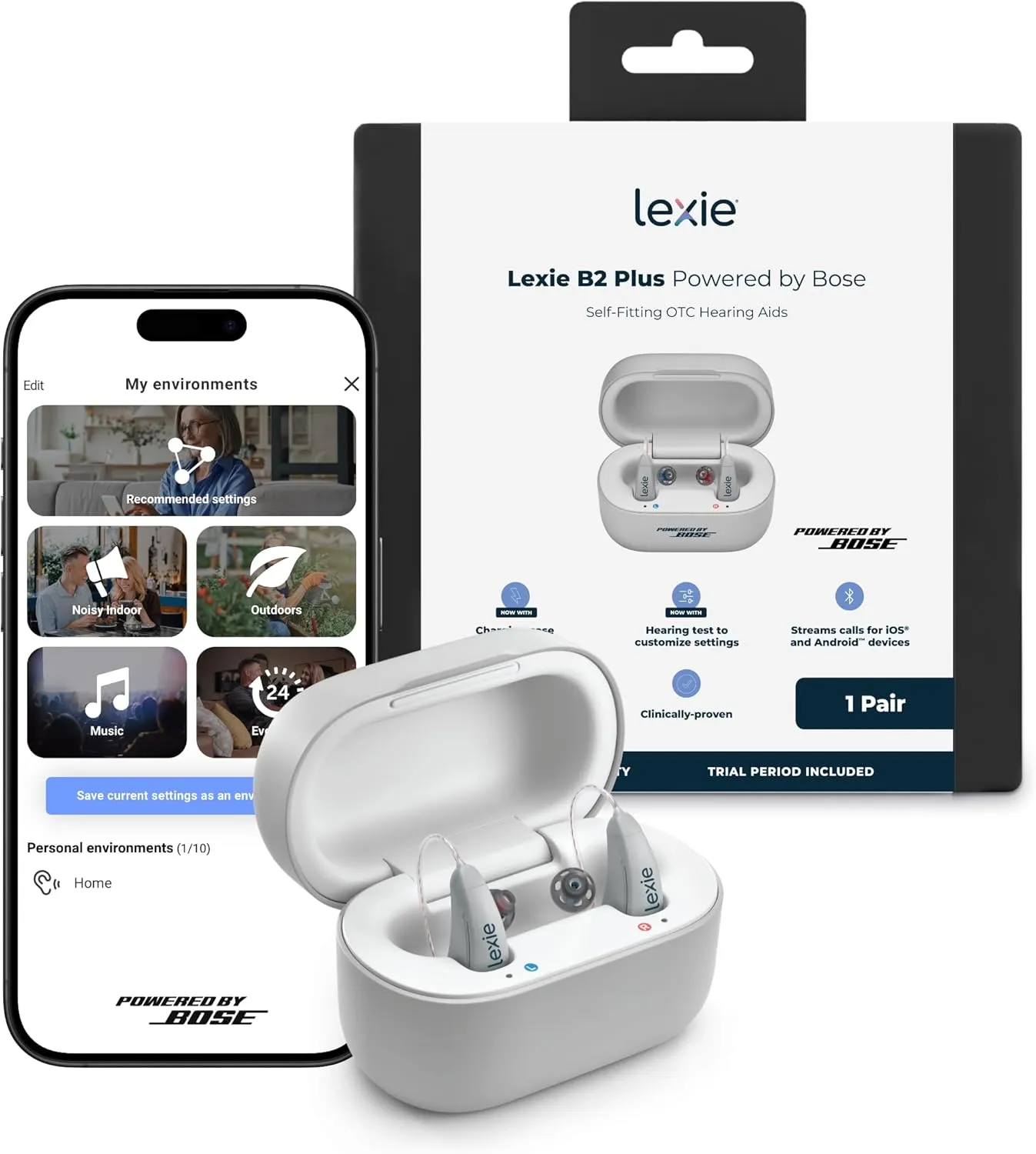 Lexie B2 Plus OTC Hearing Aids Powered by Bose - Premium Wireless Charging Case, Rechargeable Hearing Aids with App Control, Self-Fit, Noise Reduction, Bluetooth Enabled Calls on iOS & Android (Gray)