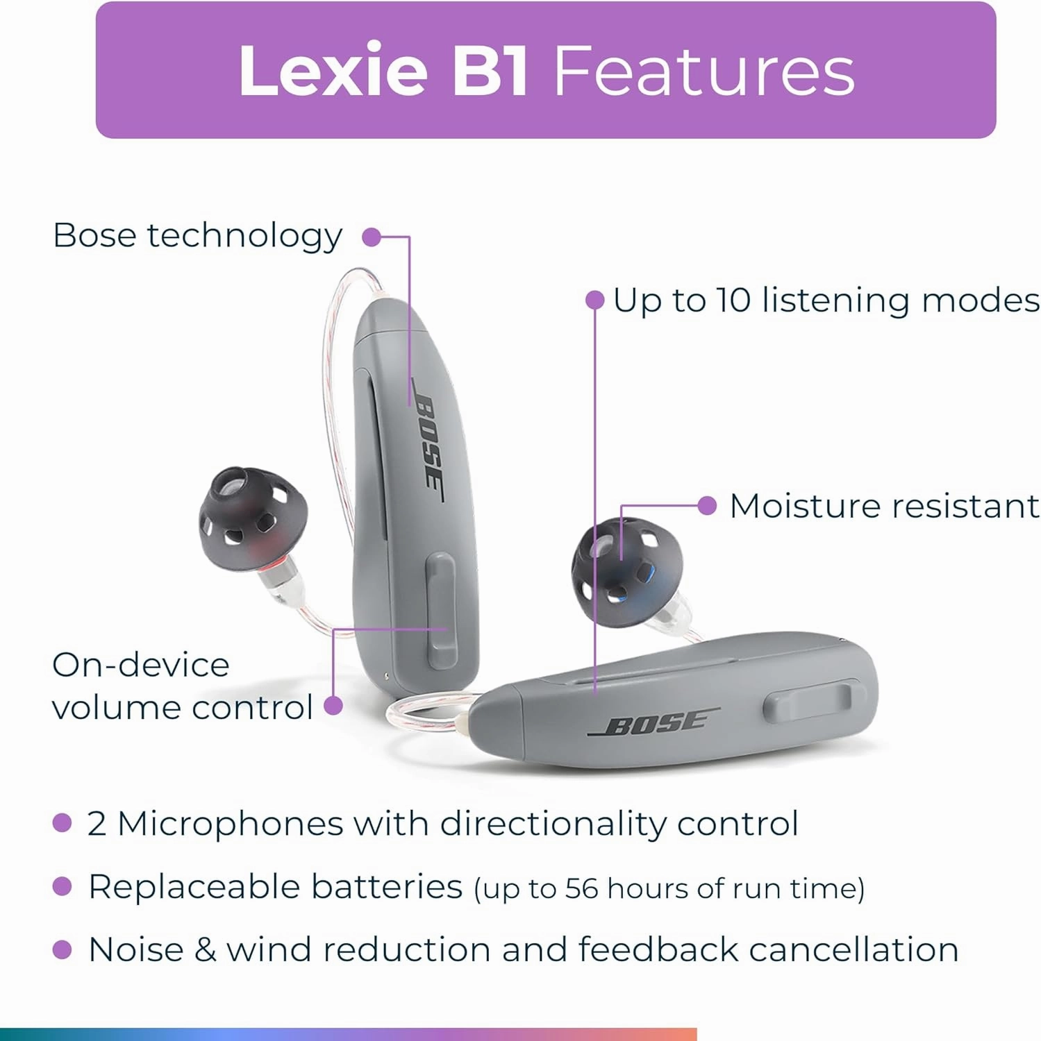 Lexie B1 OTC Hearing Aids Powered by Bose - Bluetooth-enabled Hearing Aids with Invisible Fit and All Day Comfort | Replaceable Batteries, Noise Reduction and Self-Fit Solution (Light Gray)