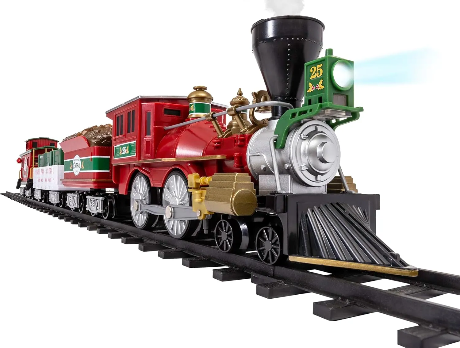 Lionel Battery-Operated North Pole Central Freight Toy Train Set with Bluetooth, Locomotive, Train Cars, & Track with Authentic Train Sounds, Lights, & Water Vapor Smoke Effects for Kids 4 