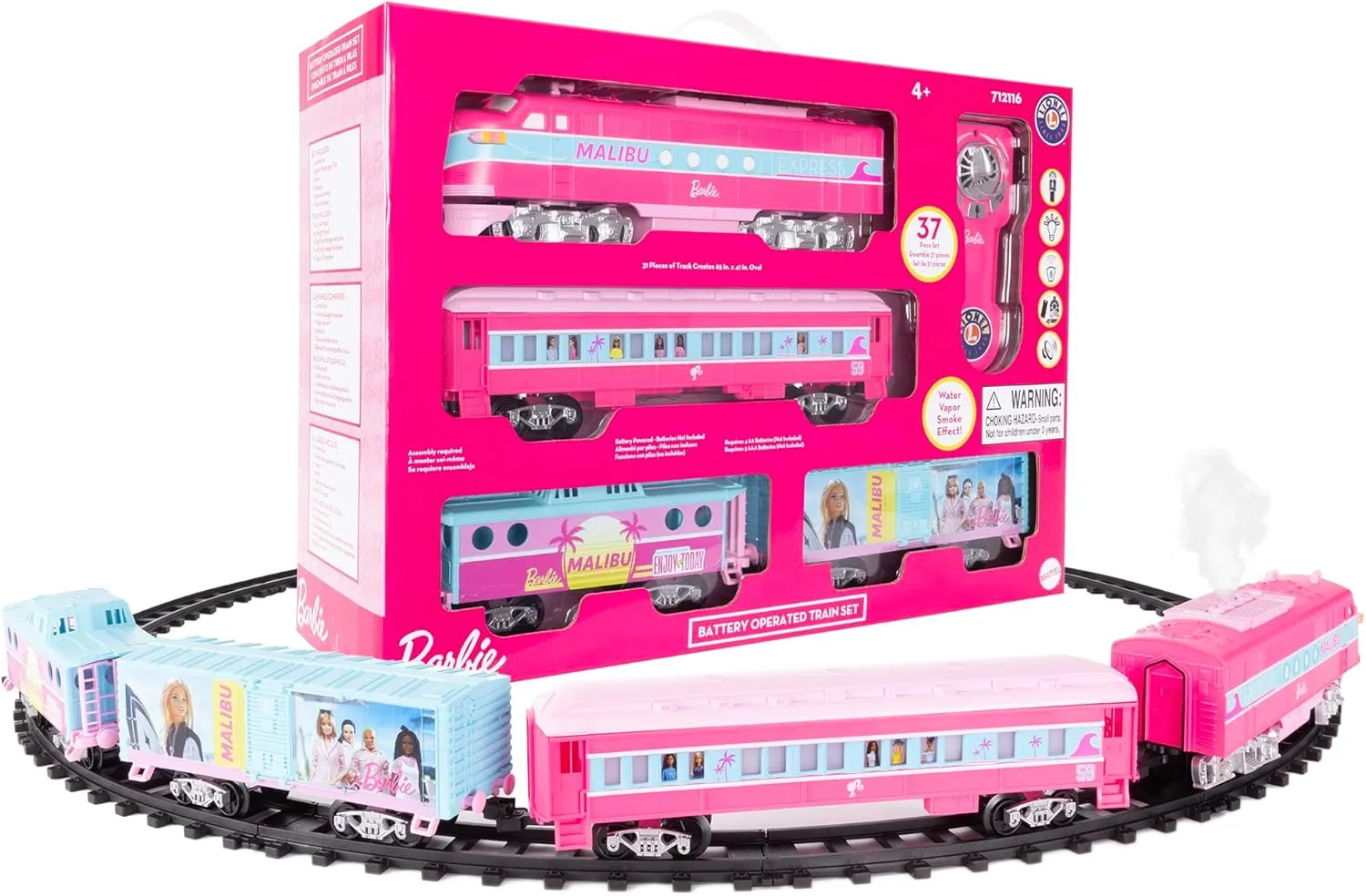 Lionel Mattel Barbie Battery O Gauge Toy Train Set with Remote, Locomotive, Train Cars, & Track with Authentic Train Sounds, Lights, & Water Vapor Smoke Effects for Kids 4 