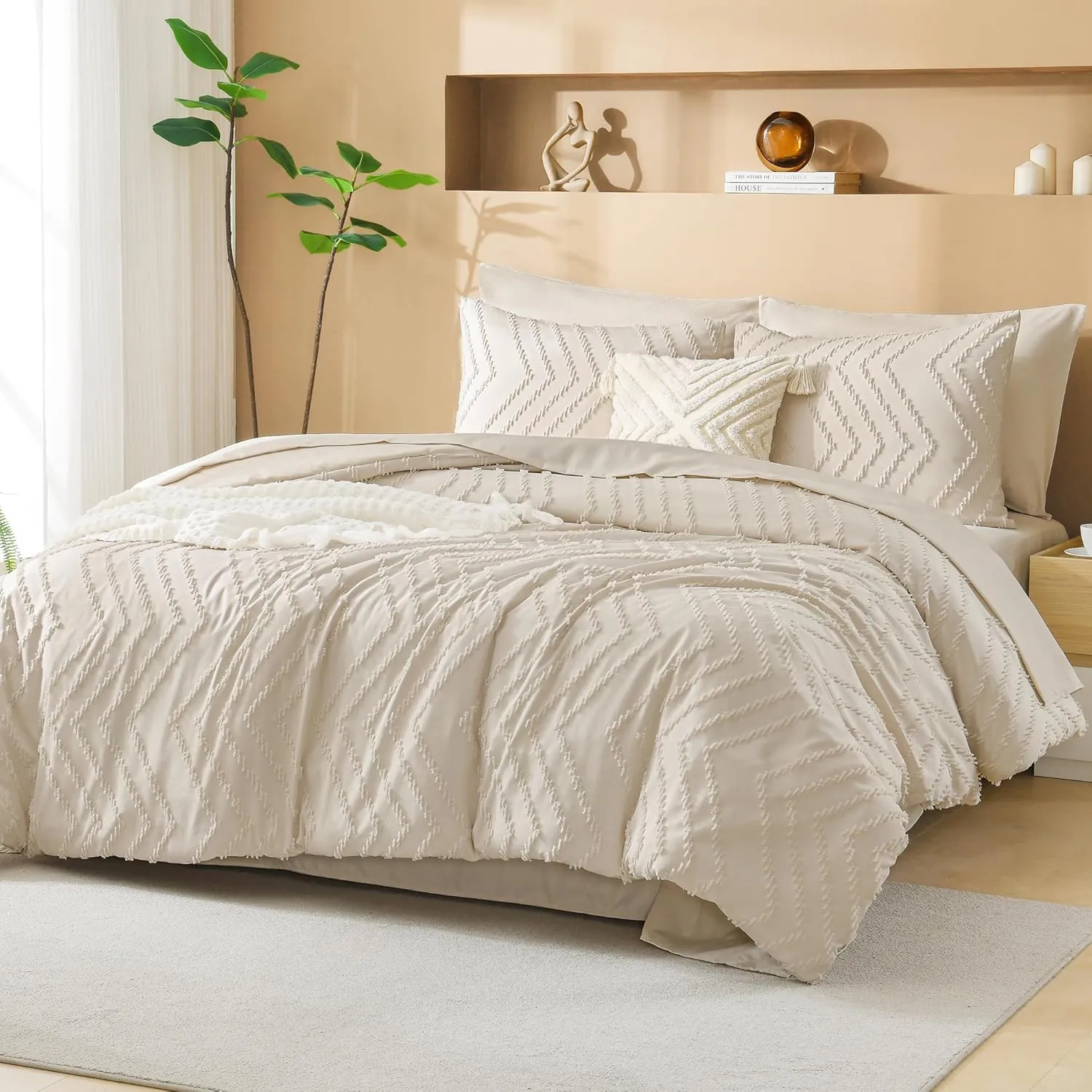 Litanika Beige King Size Comforter Set with Sheets - 7 Pieces Bed in a Bag King Boho Tufted Complete Beddding Sets with Comforter, Sheets, Pillowcases & Shams